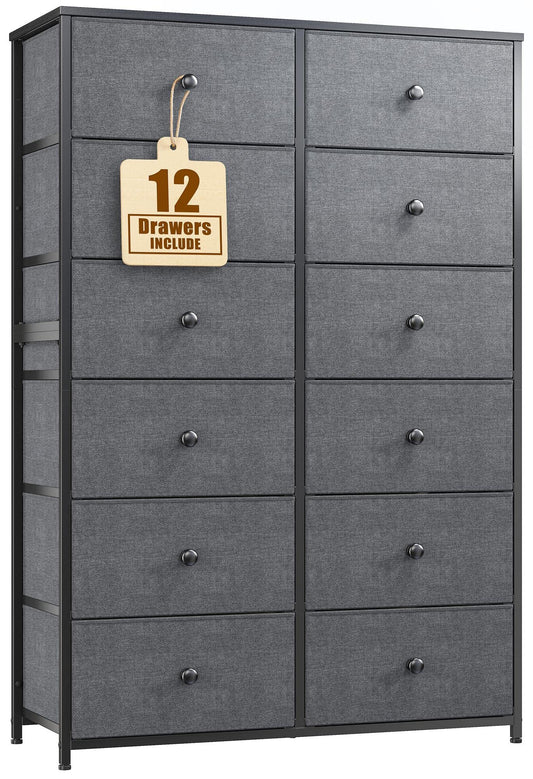 EnHomee Tall Dresser for Bedroom, 12 Drawer Dresser for Bedroom, Fabric Dresser & Chest of Drawers for Bedroom Dressers with 12 Large Drawers for Closet Living Room Entryway, Grey,34.6"Dx11.8"Wx52.3"H