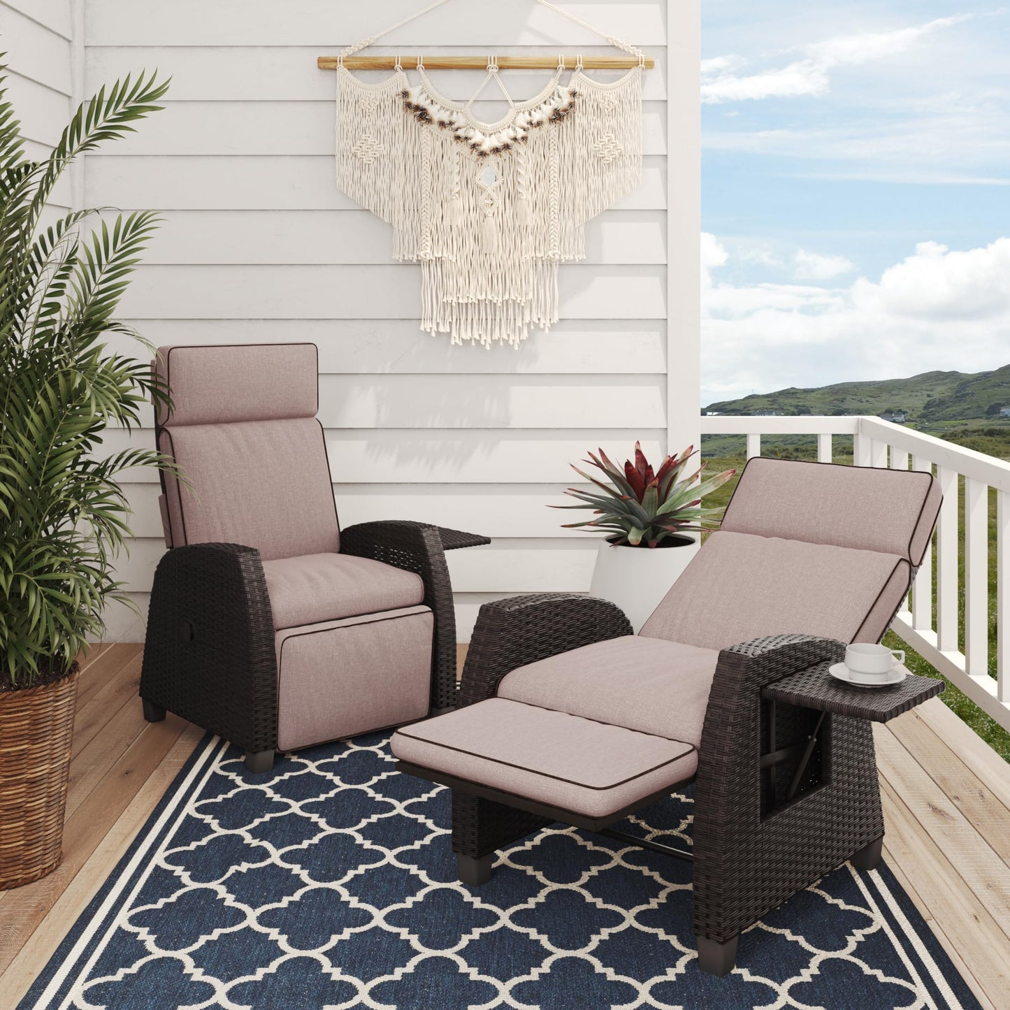 Grand patio Outdoor Recliners Set of 2 Patio Recliner Chair Wicker Lay Flat Reclining Patio Chairs Flip-up Side Table Recliner Chair Flax