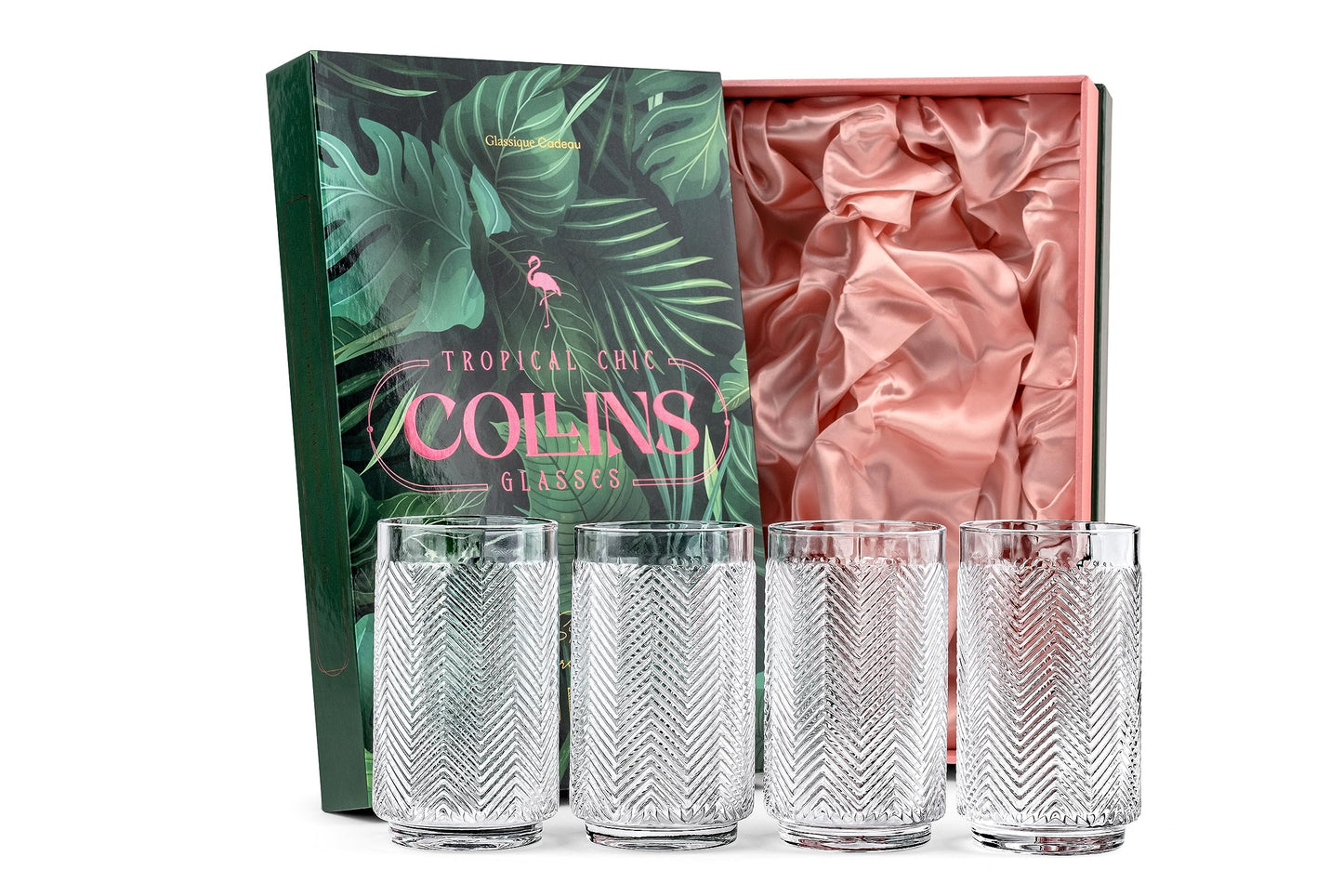 Vintage Flamingo Collins Gin and Rum Cocktail Glasses | Set of 4 | 12 oz Crystal Highball Glassware for Drinking Mojito, Gin Tonic, Bar Drinks | Tropical Glassware Collection