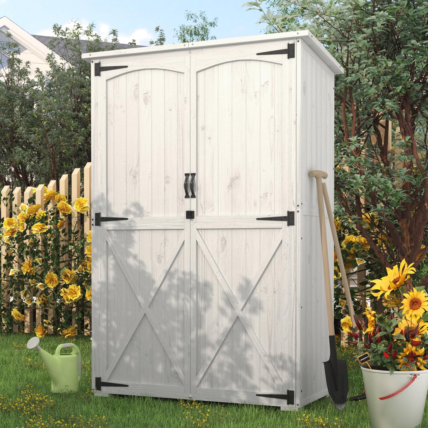 AECOJOY Outdoor Storage Shed with Waterproof Roof, Wooden Storage Cabinet Large Outdoor Shed Tool Shed with 2 Removable Shelves&Double Lockable Doors, Grey&White