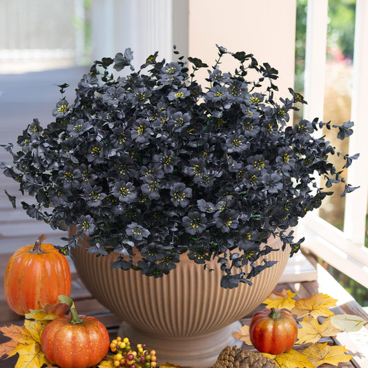 Ivydale Artificial Fake Halloween Fall Flower Plants for Outdoor Decoration, 12 Bundles Silk Black Mums UV Resistant Realistic for Outside Planter Home Indoor Porch Patio Window Box