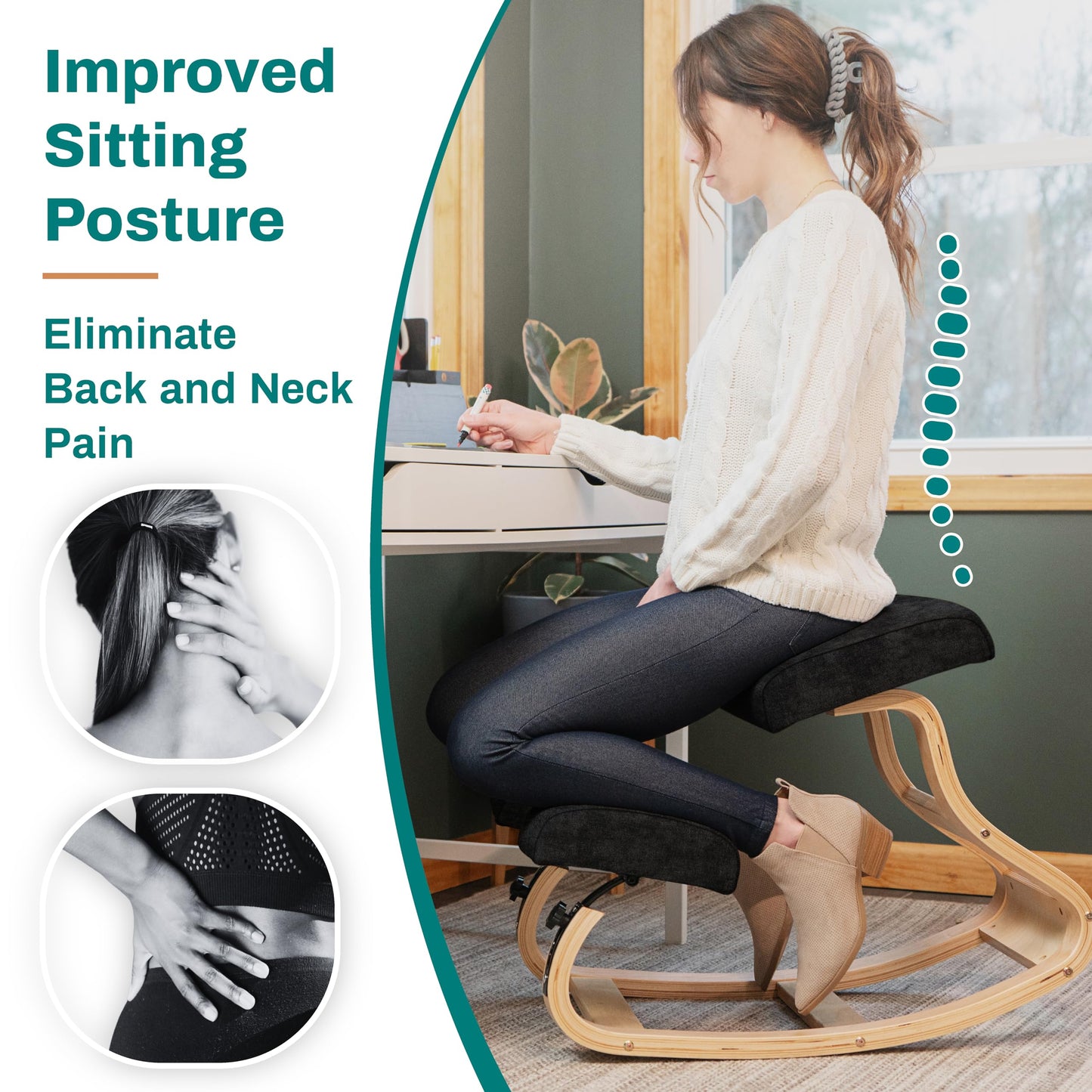 NYPOT Ergonomic Kneeling Chair - A Rocking Ergo Knee Chair and Wooden Desk Chair Designed for Home Office Study and Posture Chair Support, Reduce Neck and Back Pressure - Velvet Black