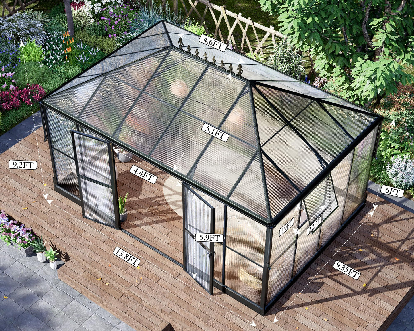 HOWE 14x9.5x9 FT Polycarbonate Greenhouse with 2 Vents and Double Swing Doors 6FT Added Wall Height, Walk-in Large Winter Greenhouse Sunroom Aluminum Greenhouse for Outdoors, Black