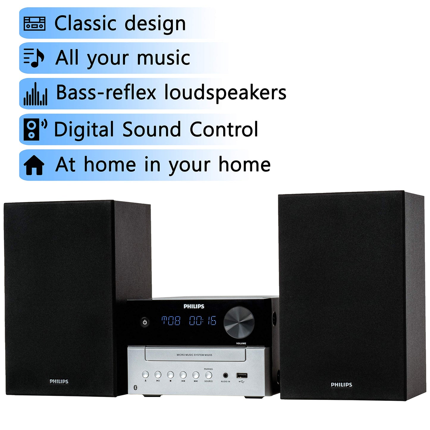 Philips CD Player and Stereo System for Home - Compact Radio Player with Bookshelf Speakers, Retro Style Music Player with FM Radio and Remote Control for Crystal Clear Sound