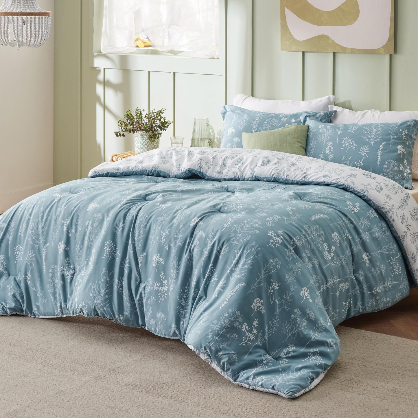 Bedsure Full Comforter Set - Mineral Blue Comforter, Cute Floral Bedding Comforter Sets, Gifts for Woman, 3 Pieces, 1 Soft Reversible Botanical Flowers Comforter and 2 Pillow Shams