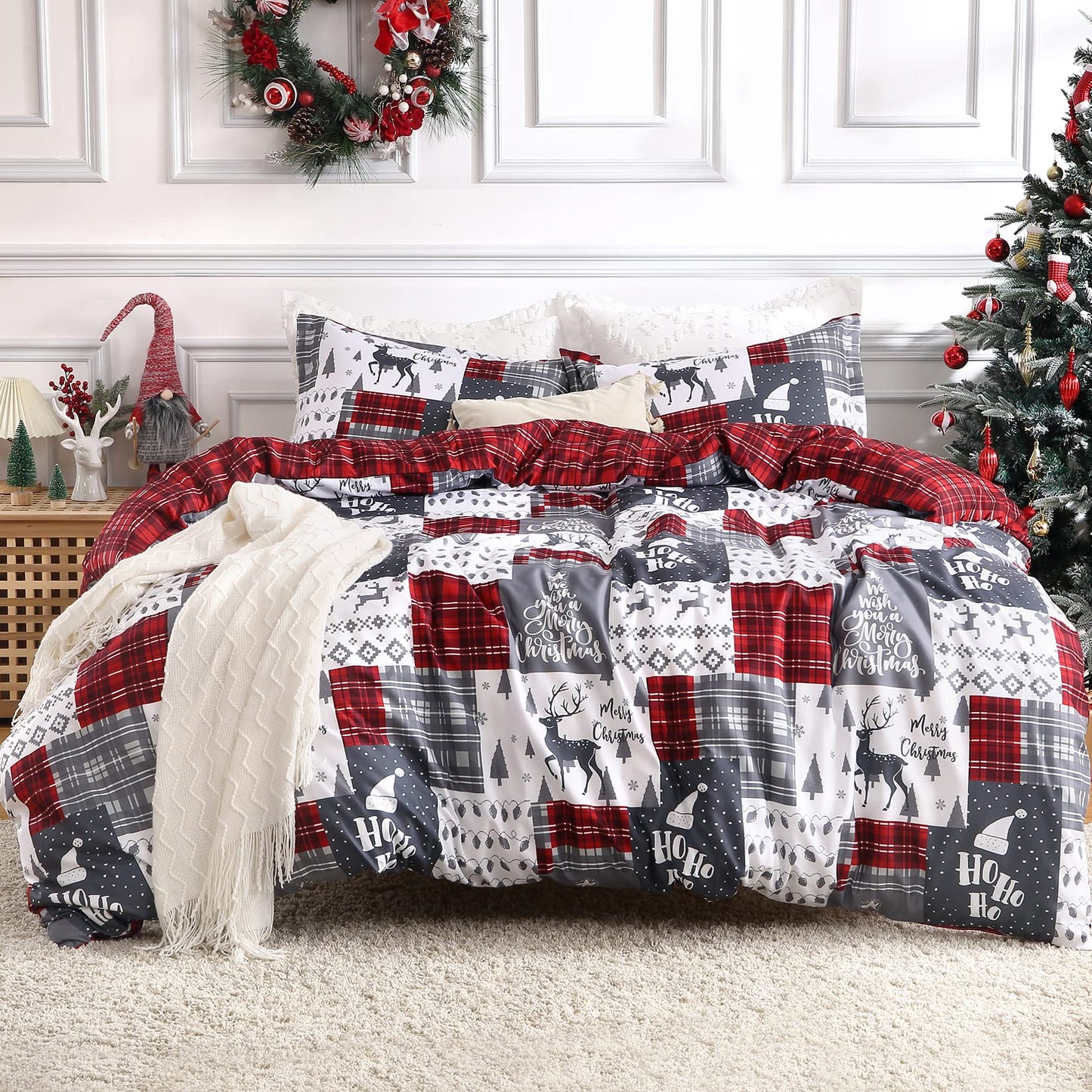 CAROMIO Christmas Duvet Cover King, Soft Microfiber Red Duvet Covers, Reversible Printed Comforter Cover Set Christmas Holiday Decorative Bedding (Christmas Plaid, King)