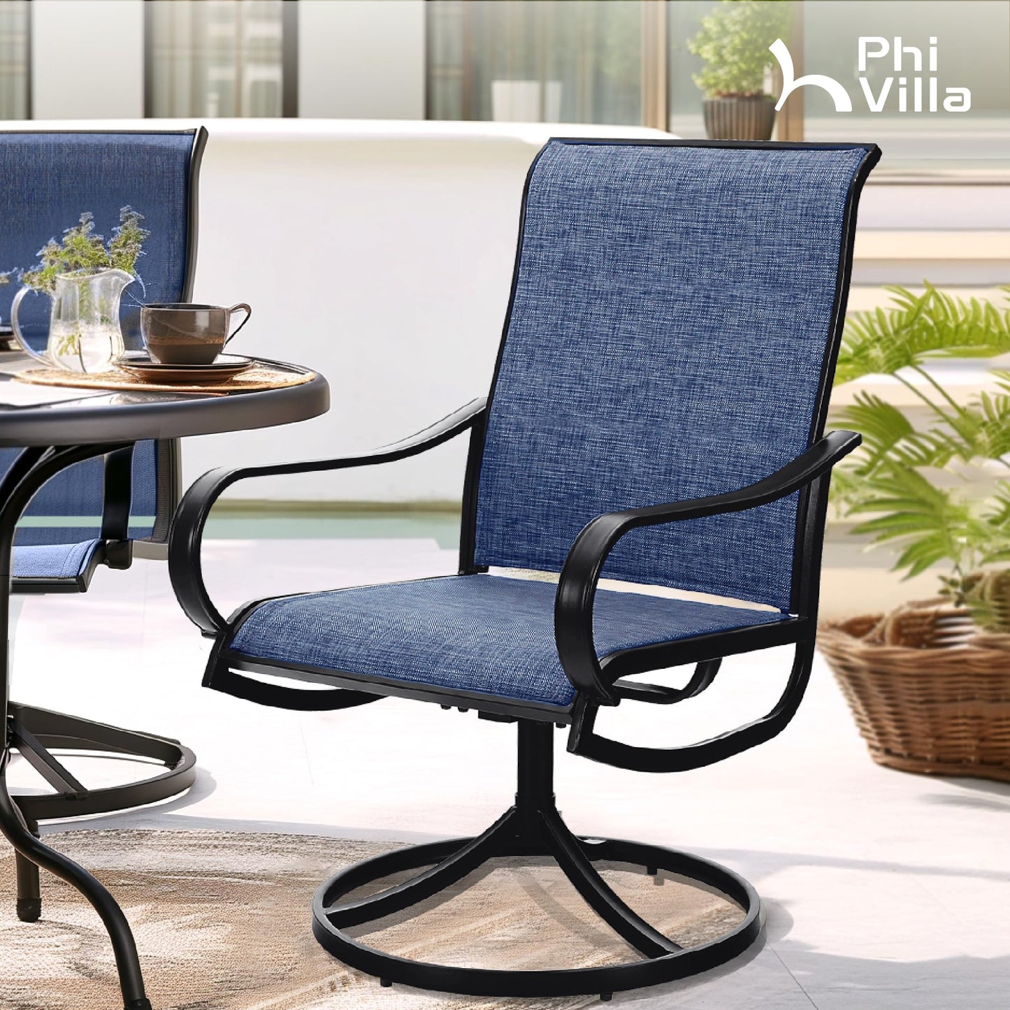 PHI VILLA Patio Swivel Dining Chairs Set of 4, All Weather Outdoor Chair with Textilene Mesh Fabric & Black Metal Frame for Outdoor Kitchen Lawn Garden (Blue)