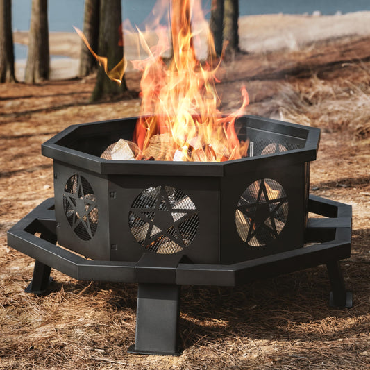 SUNOUTLY 35 inch Fire Pit, Outdoor Fire Pit Wood Burning Fire Pits with Cooking Grill, Large Firepits for Outside Octagonal Heavy Duty Firepit with Poker for Bonfire, Backyard, Patio, Picnic, Camping