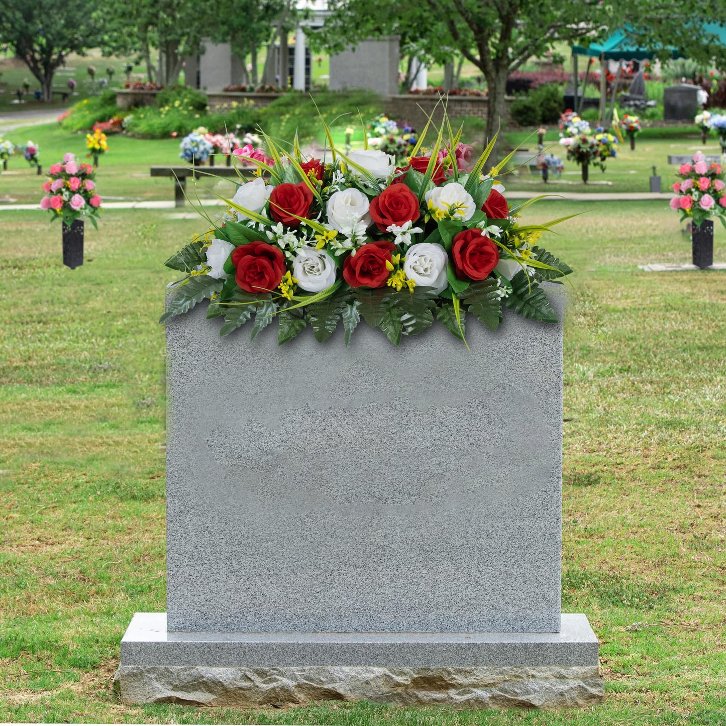 MOOMASS Cemetery Headstone Flower Saddle - Artificial Cemetery Flowers Rose, Grave Decoration，Non-Bleed Colors, and Easy Fit (Red+White, Saddle)