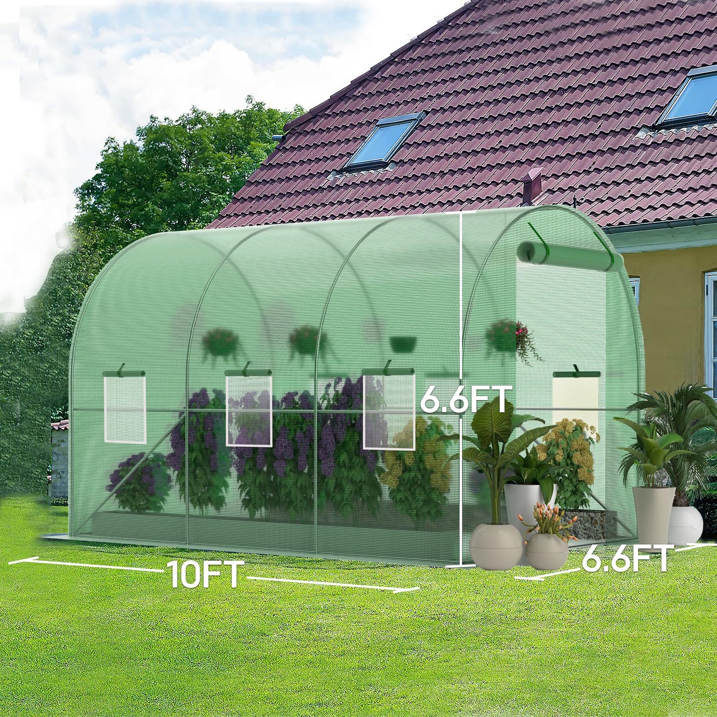 Walk-in Greenhouse 10 x 6.6 x 7FT Tunnel Greenhouse, Durable Outdoor Green House Plant Nursery with Durable Anti-Tear PE Cover, Convenient Zipper Doors, and Ventilating Mesh Windows (Green)