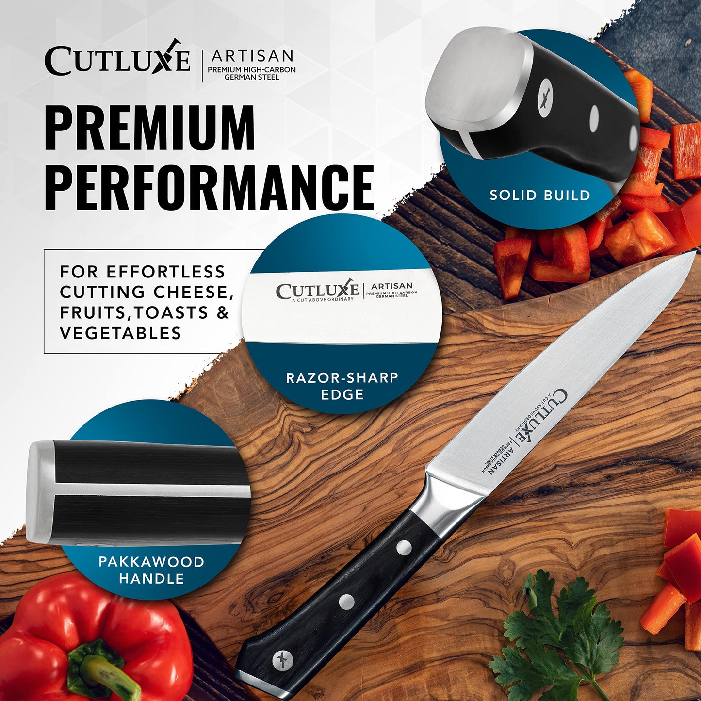 Cutluxe Kitchen Utility Knife, 5.5" Paring Kitchen Knife – Razor Sharp Blade, High Carbon German Steel, Full Tang Ergonomic Handle Design – Artisan Series