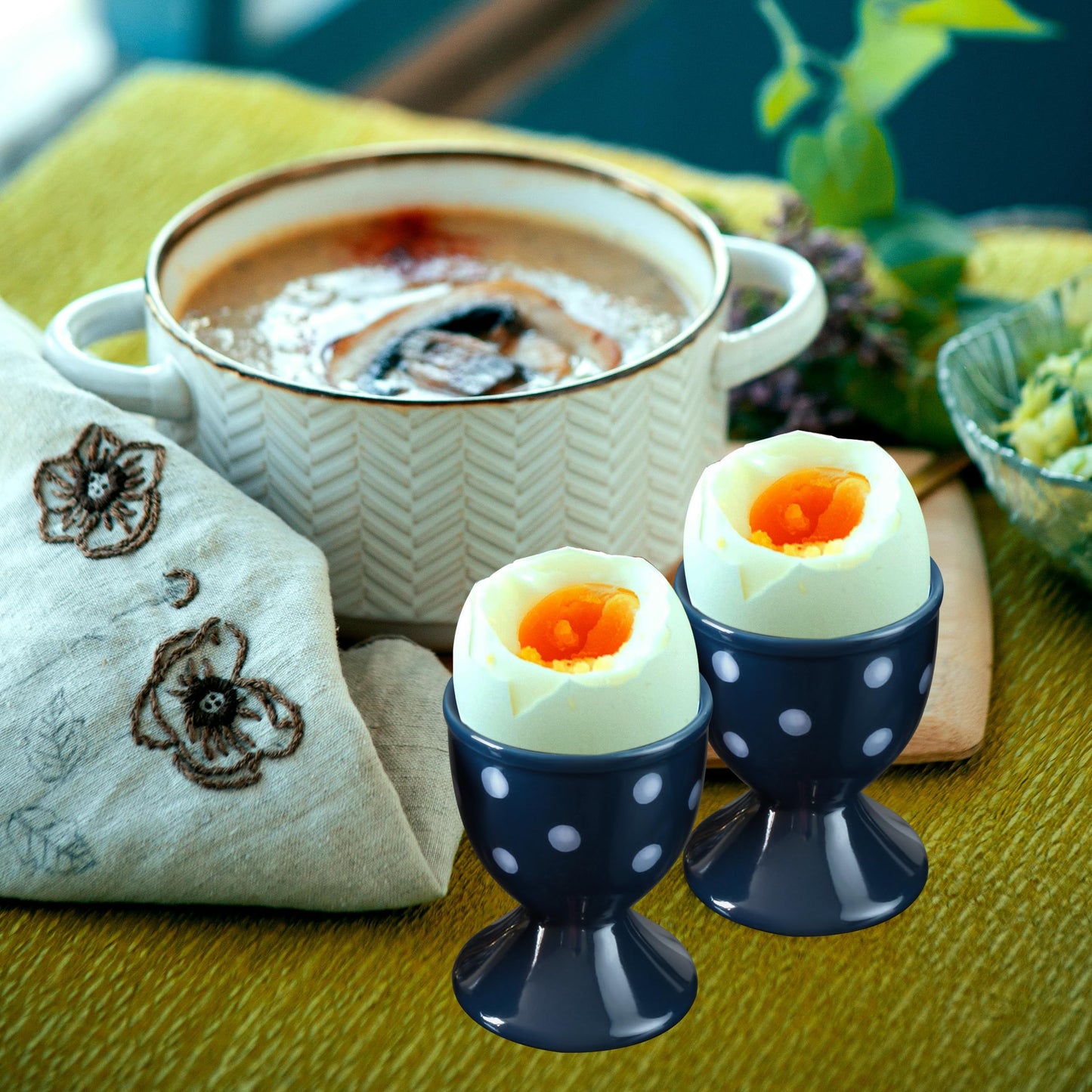 Cinf Ceramic Egg Cup Blue Set of 2 Porcelain Holder Breakfast Boiled Cooking Easy to Clean Childhood Memories Kitchen