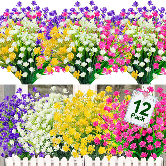 TURNMEON 12 Bundles Artificial Flowers for Outdoors UV Resistant Fake Plants, Faux Plastic Fake Flowers Artificial Plants for Home Window Box Porch Indoor Cemetery Fall Summer Decor(Colors)