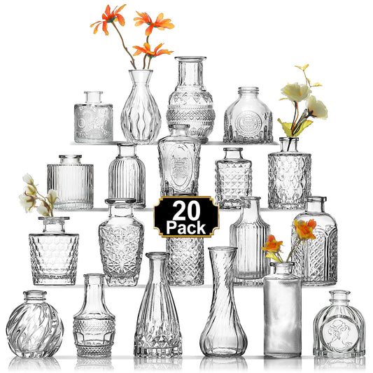 Arme 20 Pcs Bud Vase Set, Mini Vases for Flowers, Small Vintage Glass Vase for Centerpieces, Cute Clear Bud Vases for Home Flower Wedding Decorations