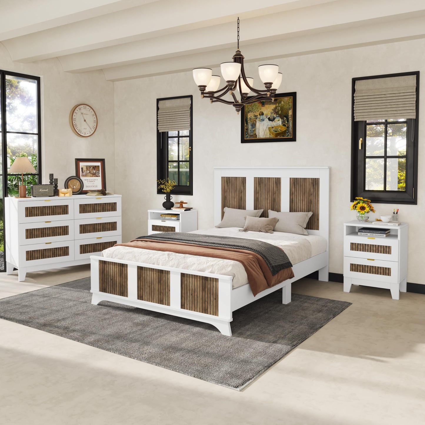 Harper & Bright Designs 4-Pieces Bedroom Sets, Full Size Platform Bed with 2 Nightstands and A 6-Drawer Dresser, Full Size Bedroom Set with Wooden Strip Decoration, White