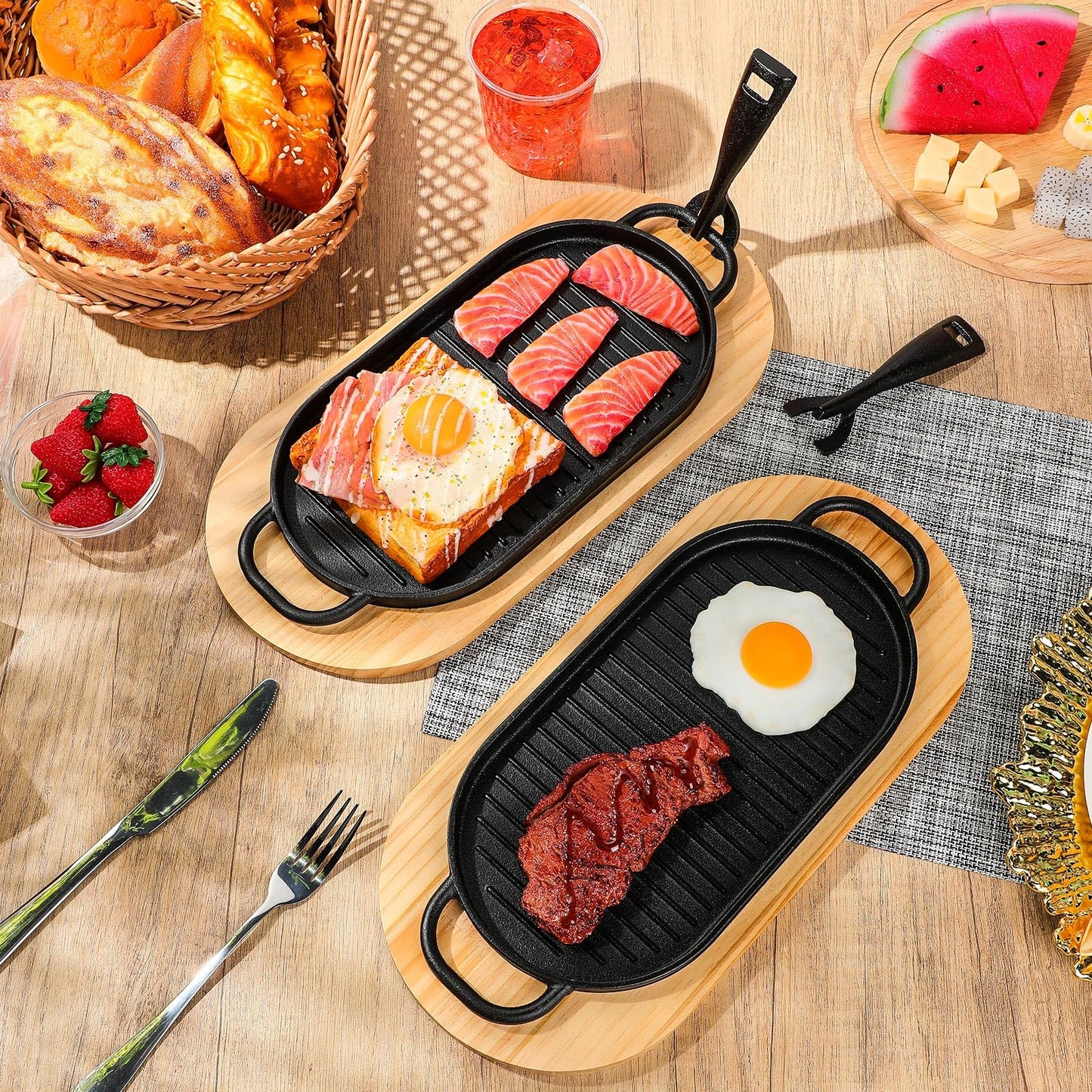 Yiyiring 4 Pcs Cast Iron Fajita Skillet Pan Set Sizzling Steak Plate with Wooden Base and Removable Handle Cast Iron Grill Frying Pan for Home Restaurant Kitchen Cooking (12 x 6.3 Inch)