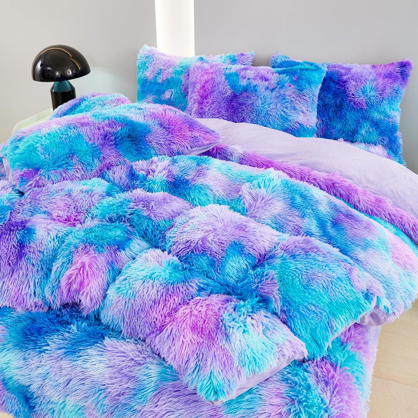 SUCSES Blue Purple Fluffy Twin Bedding Sets for Girls 3Pcs Faux Fur Plush Shaggy Kids Duvet Cover Set Twin Size Tie Dye Velvet Furry Comforter Cover Set (Blue Purple, Twin)