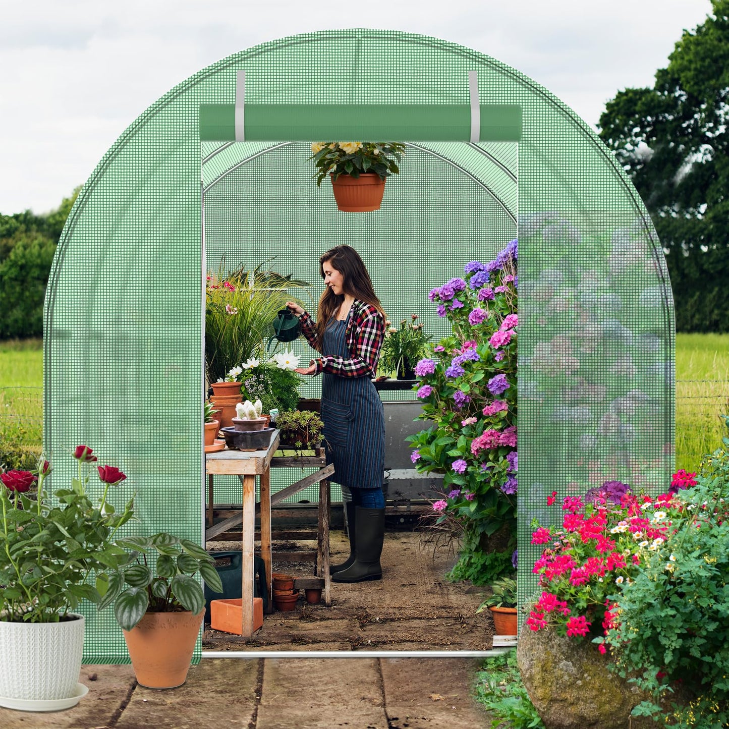 Walk-in Greenhouse 10 x 6.6 x 7FT Tunnel Greenhouse, Durable Outdoor Green House Plant Nursery with Durable Anti-Tear PE Cover, Convenient Zipper Doors, and Ventilating Mesh Windows (Green)