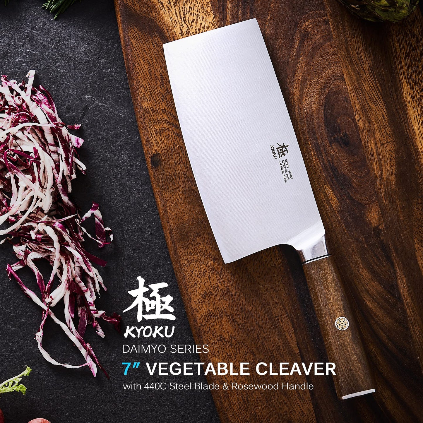 KYOKU 7 Inch Vegetable Cleaver - Daimyo Series - Vegetable Knife with Ergonomic Rosewood Handle, & Mosaic Pin - Japanese 440C Stainless Steel Kitchen Knife with Sheath & Case