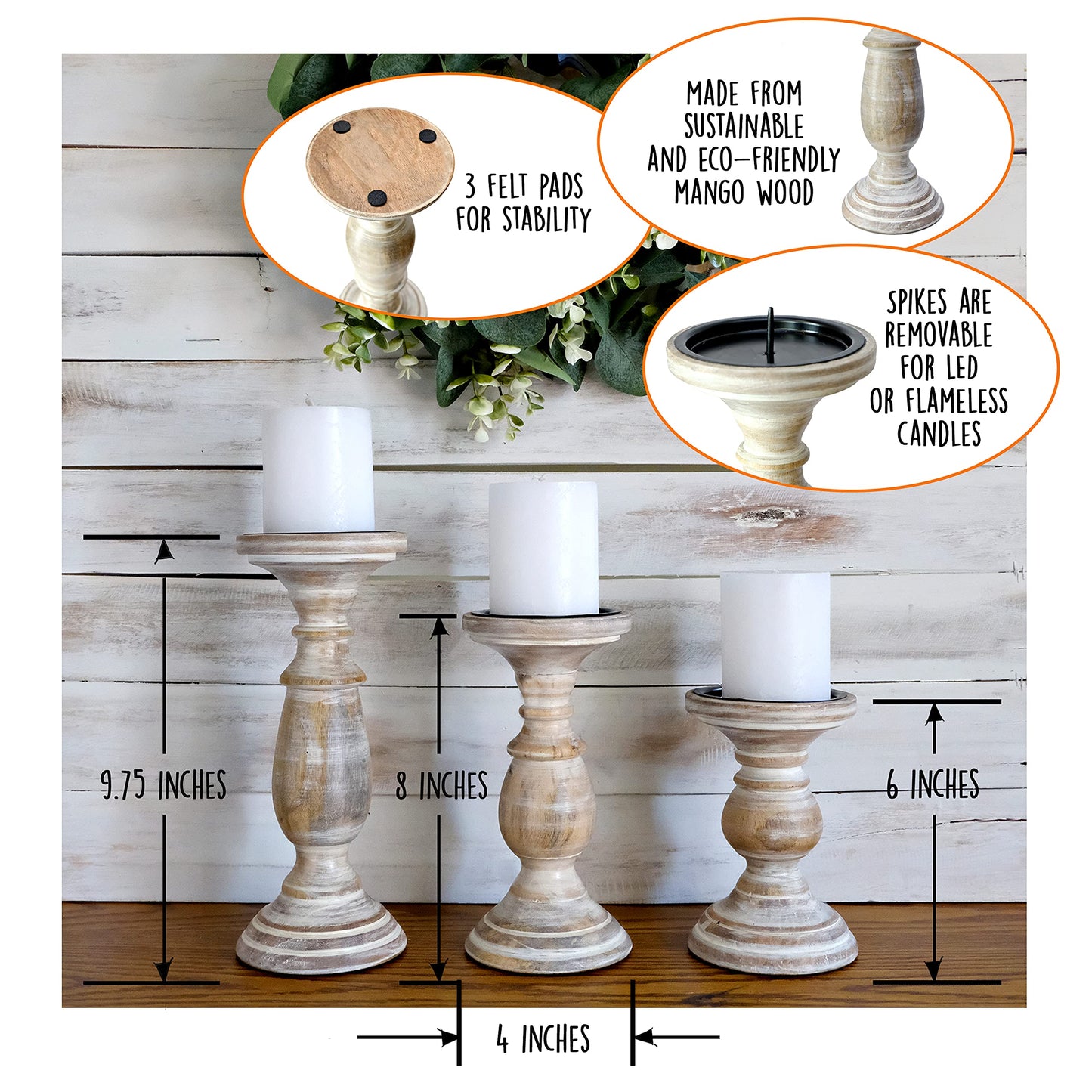 Candle Holders for Pillar Candles, Wooden Table Centerpiece, Set of 3, Wood Candle Holders, Rustic Pillar Candle Holder, Farmhouse Candle Holders Fireplace White