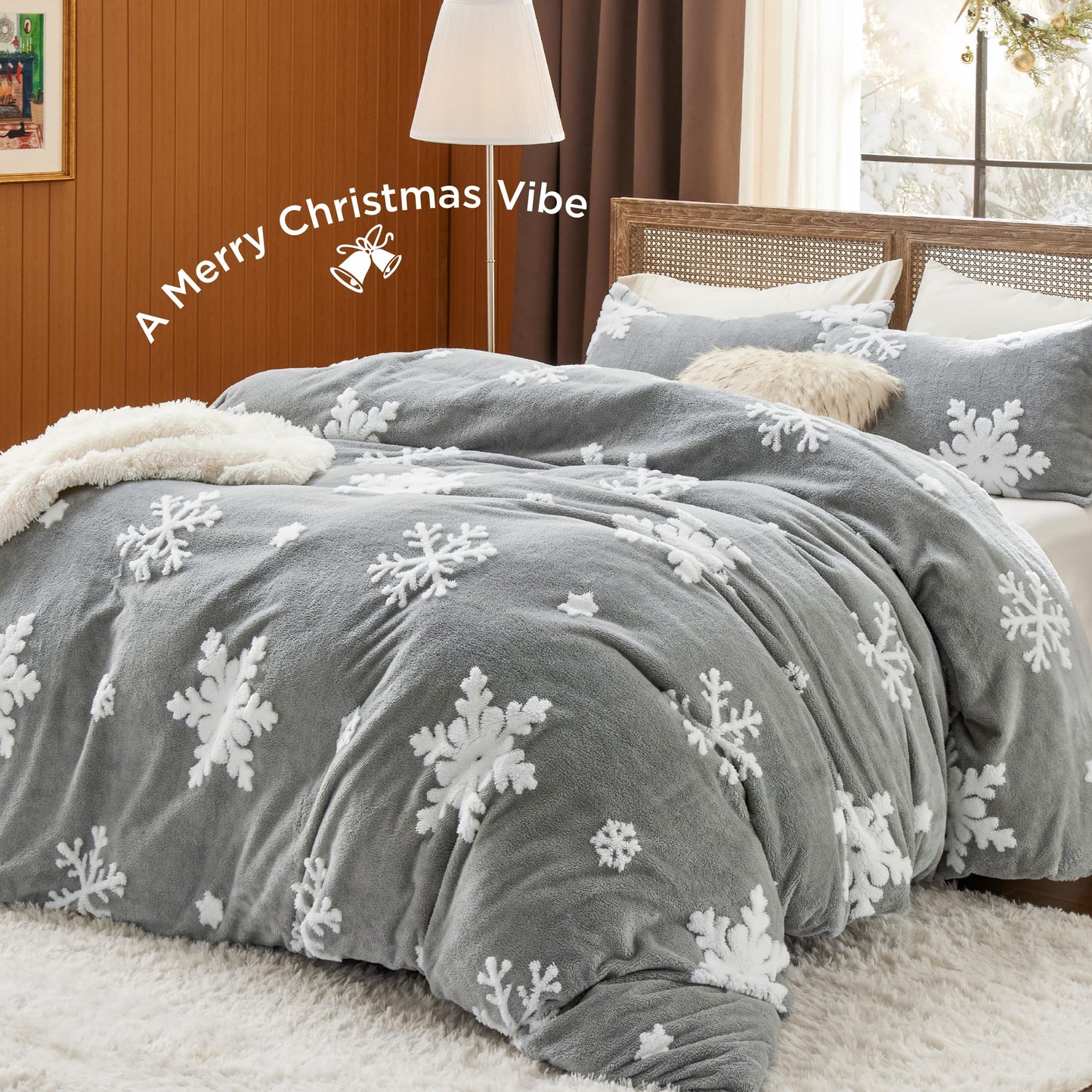 Bedsure Fluffy Duvet Cover Set - Ultra Soft Plush Shaggy Comforter Cover King Size, Warm Flannel Fleece Bed Sets for Winter, 3 Pieces, 1 Duvet Cover & 2 Pillowcases, Snowflake Pattern, Grey