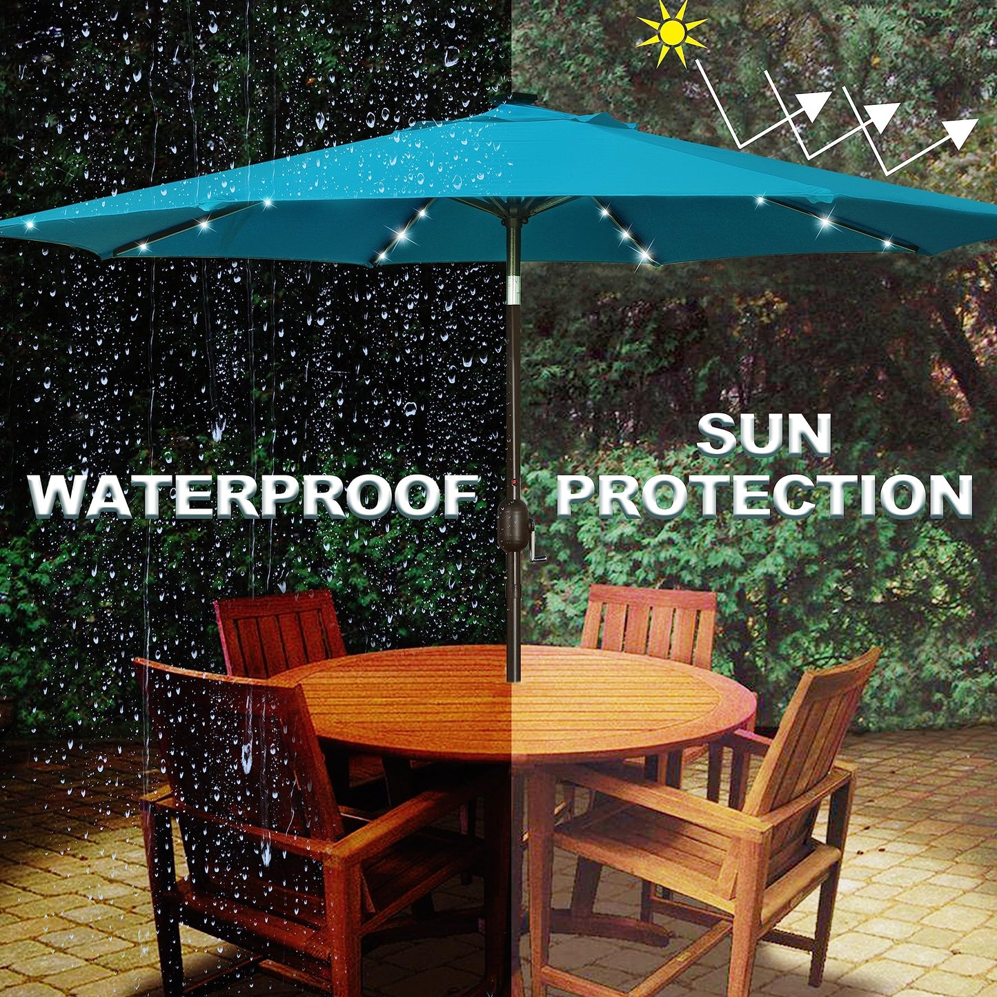 Blissun 9 ft Solar Umbrella 32 LED Lighted Patio Umbrella Table Market Umbrella with Tilt and Crank Outdoor Umbrella for Garden, Deck, Backyard, Pool and Beach (Cerulean)