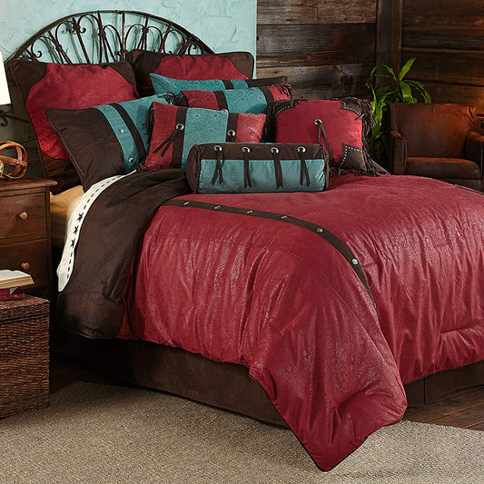 Paseo Road by HiEnd Accents Cheyenne Western Bedding 7 Piece Super Queen Comforter Set, Red Faux Tooled Leather Rustic Cabin Theme Bed Set, Comforter Sets with Bed Skirt, Shams, Decorative Pillows