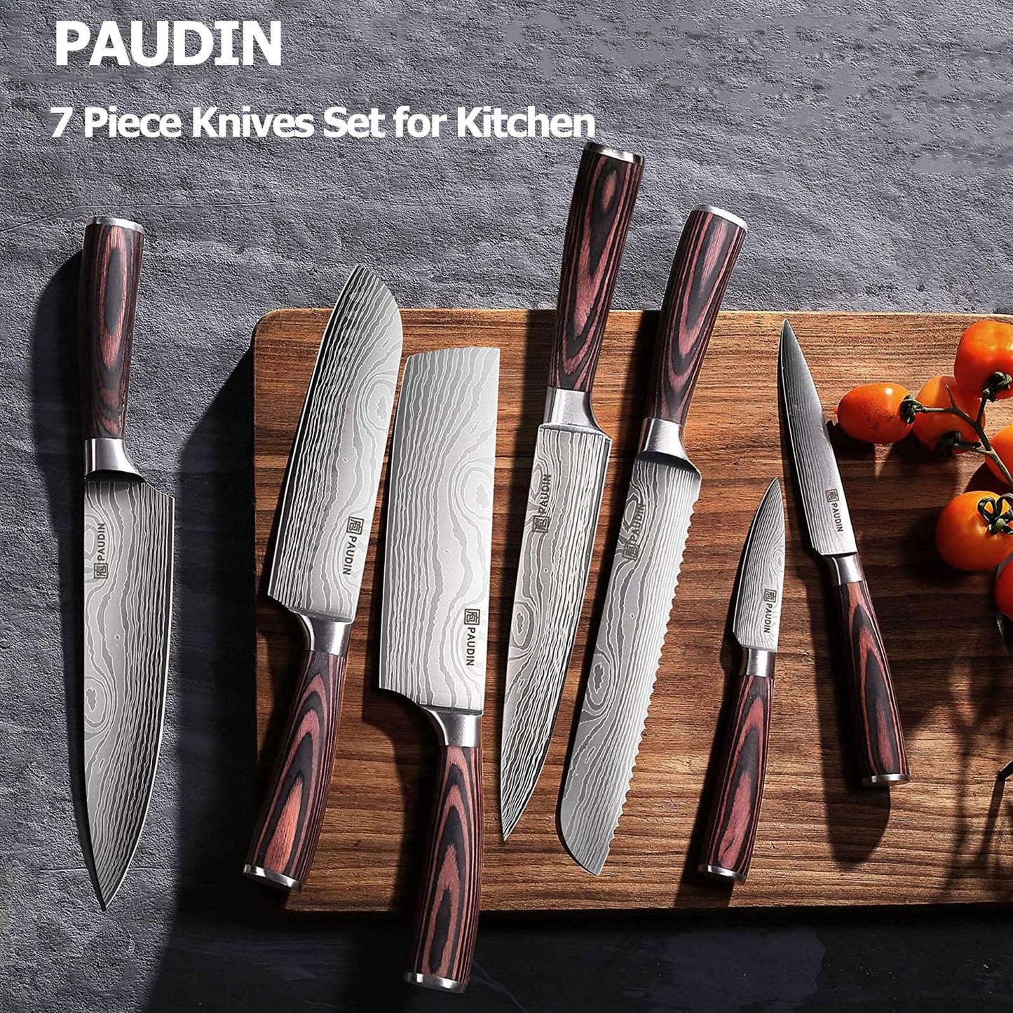 PAUDIN Chef Knife Set, 7 Pieces Kitchen Knife Set, High Carbon Stainless Steel, Ultra Sharp Knife Set, Professional Knives Set for Kitchen with Pakkawood Handle