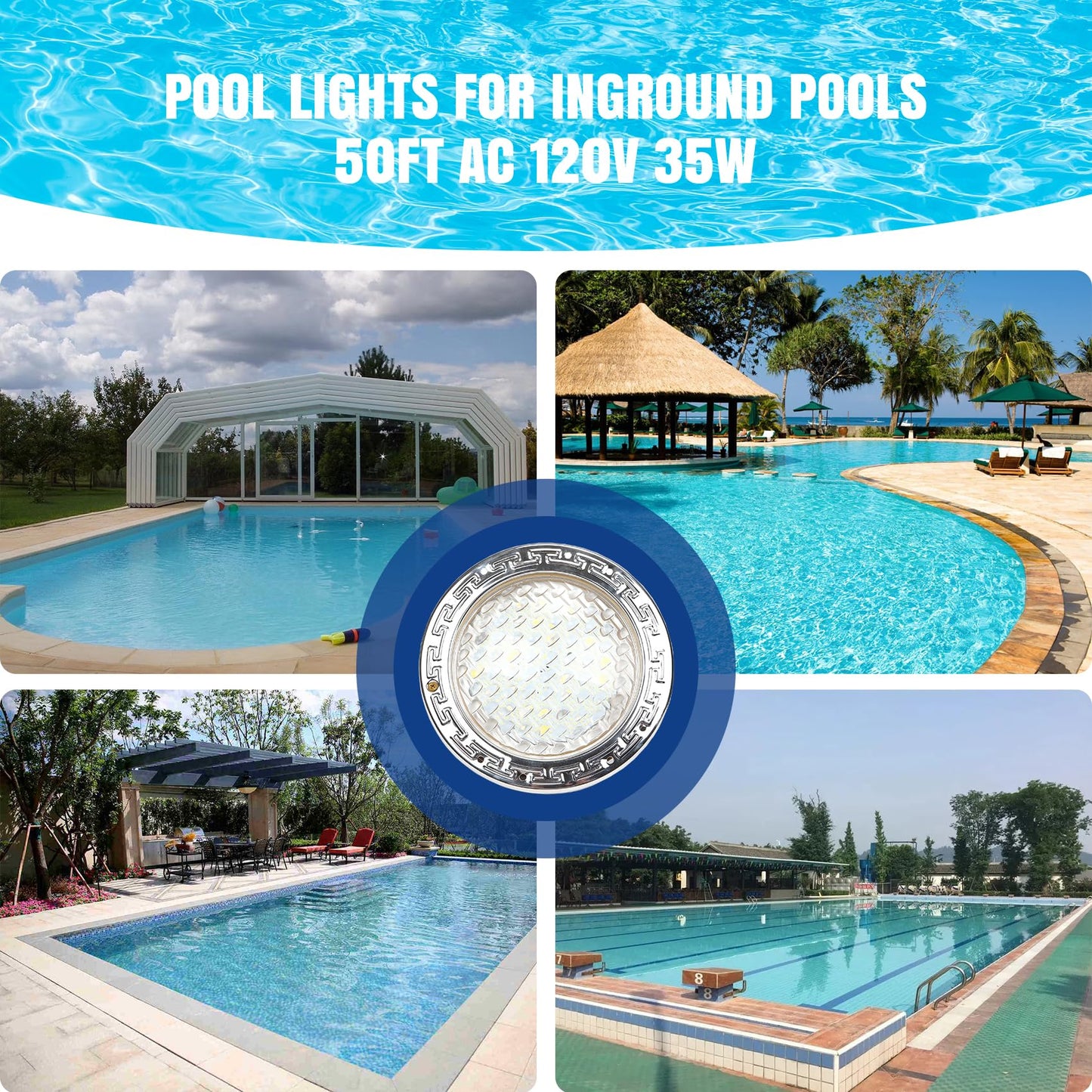 SOLAR SPORTS LED Pool Lights for Inground Pools, 120V Pool Lights White, 10 Inch Inground Pool Light 120v Suitable for 10 Inch Wet Niche, Underwater Pool Light,35W, 50 Foot Cord.