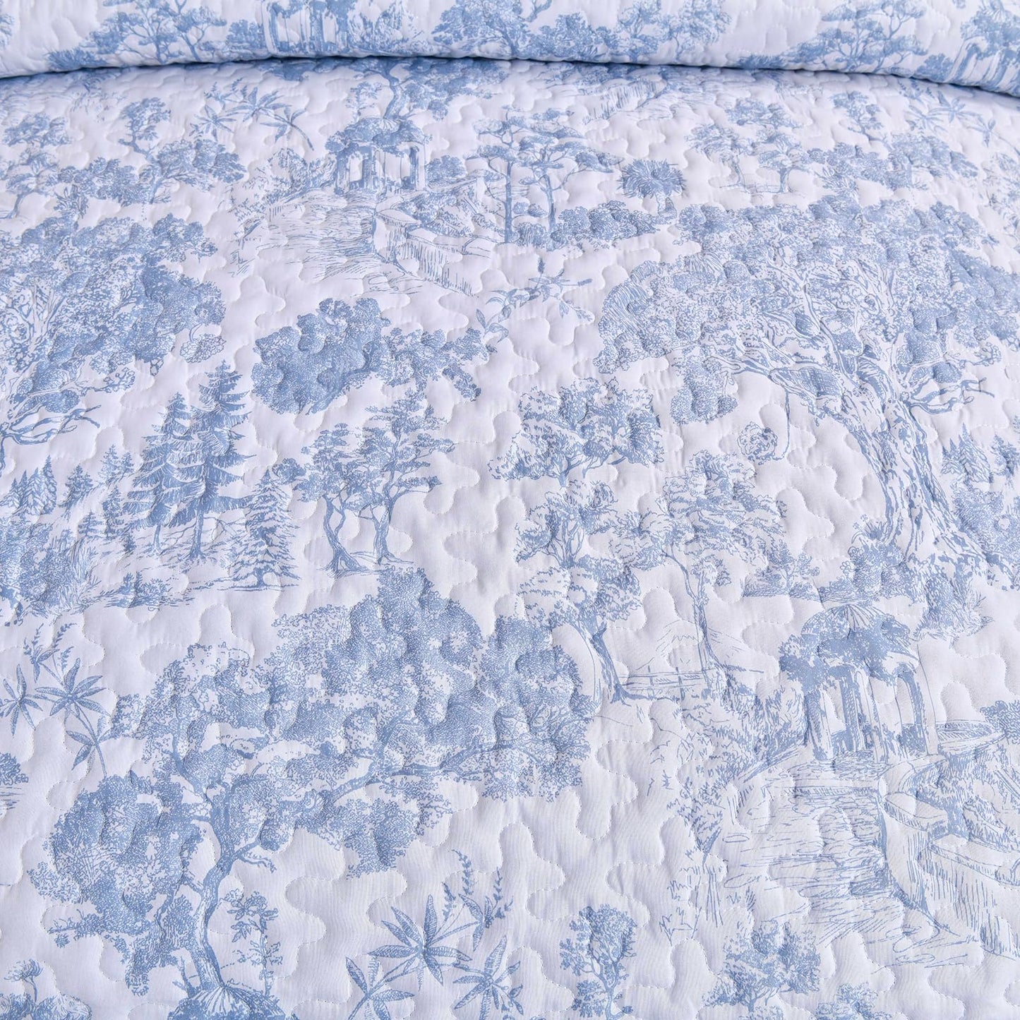 WONGS BEDDING Blue Quilt Set Full Size, 3 Pieces Botanical Bedspreads Set Lightweight Microfiber Blue Plants Pattern Coverlet Home Decor for All Seasons (90"x78")