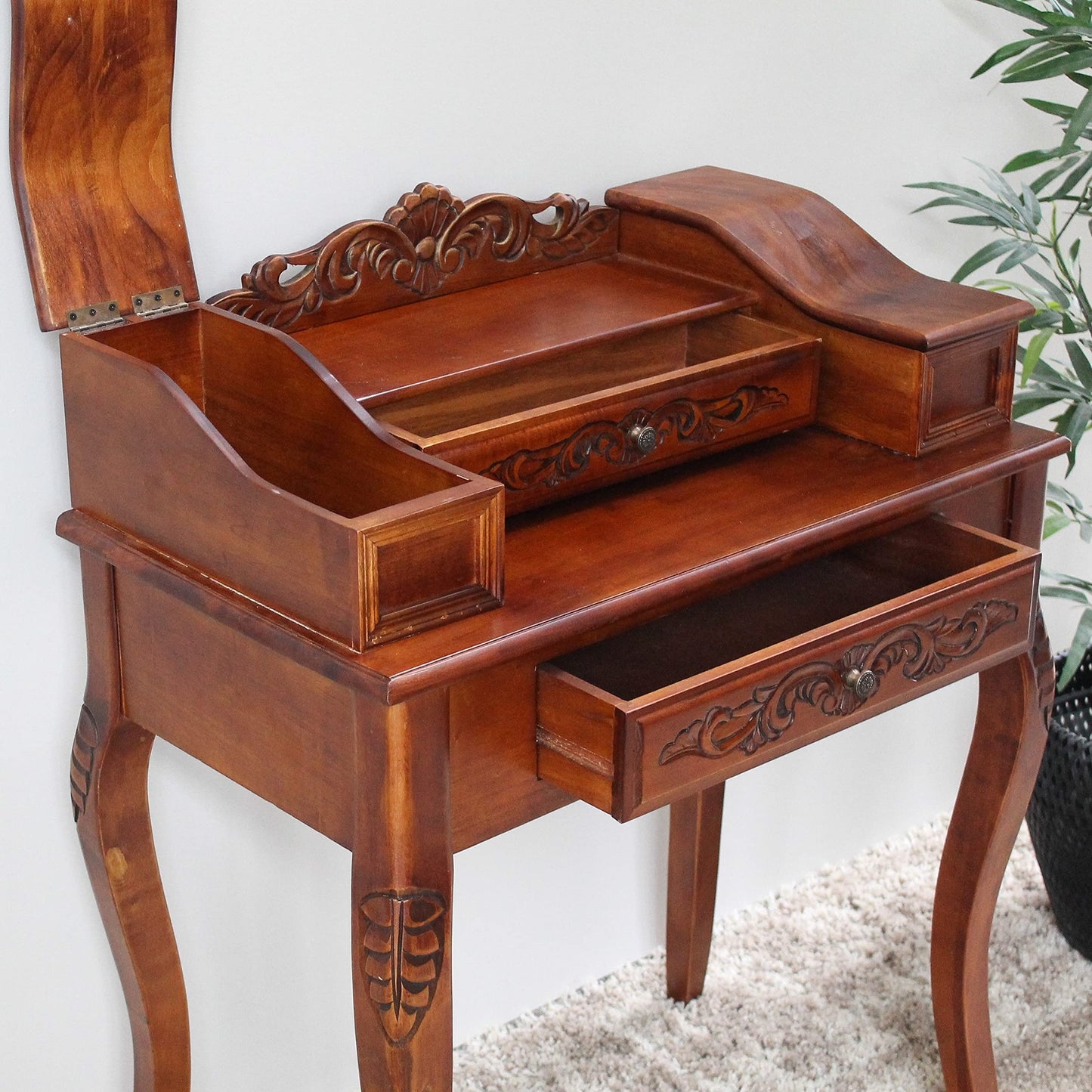 International Caravan Furniture Piece Carved Wood Two Drawer Telephone Table