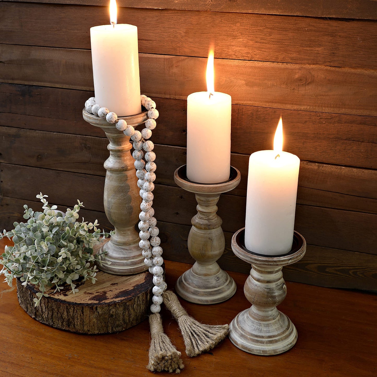 Candle Holders for Pillar Candles, Wooden Table Centerpiece, Set of 3, Wood Candle Holders, Rustic Pillar Candle Holder, Farmhouse Candle Holders Fireplace White