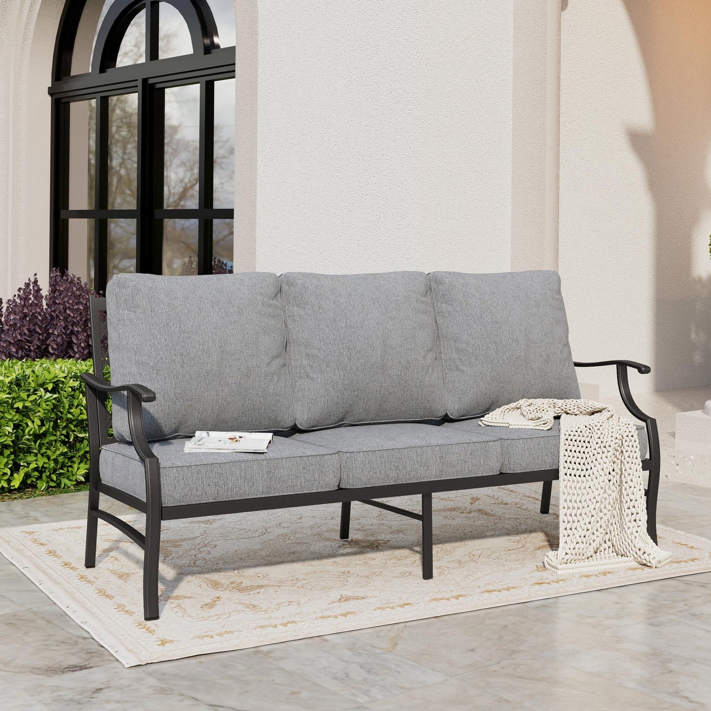 SUNSHINE VALLEY Metal Patio Furniture Sofa with 5.75" Extra Thick Waterproof Cushion, 3-Seater Deep Seating & High-Back Outdoor Couch All Weather Outdoor Seating for Backyard Deck Front Porch, Gray