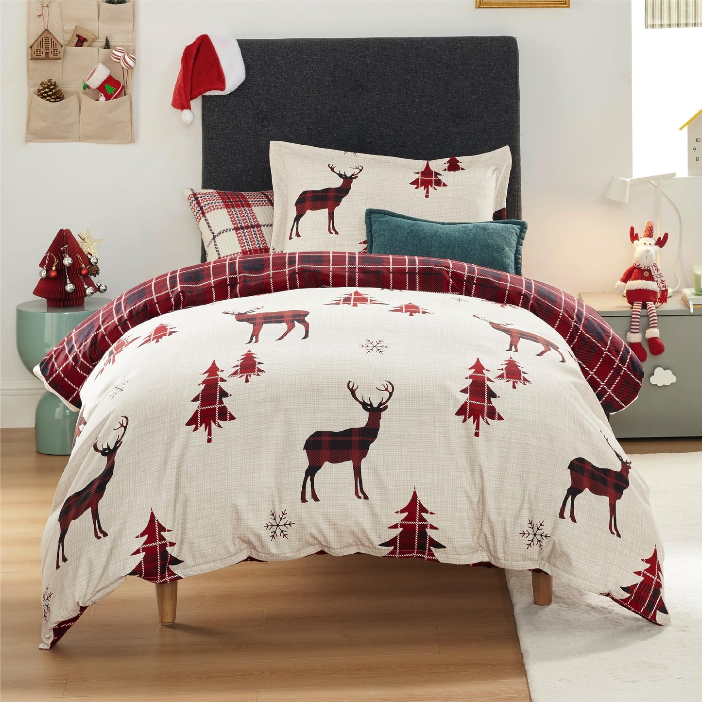 Bedsure Christmas Duvet Cover Twin - Christmas Kids Bedding Set, Reversible Buffalo Check Printed Christmas Plaid Duvet Cover, Includes 1 Duvet Cover and 1 Pillow Sham (Twin, Reindeer)