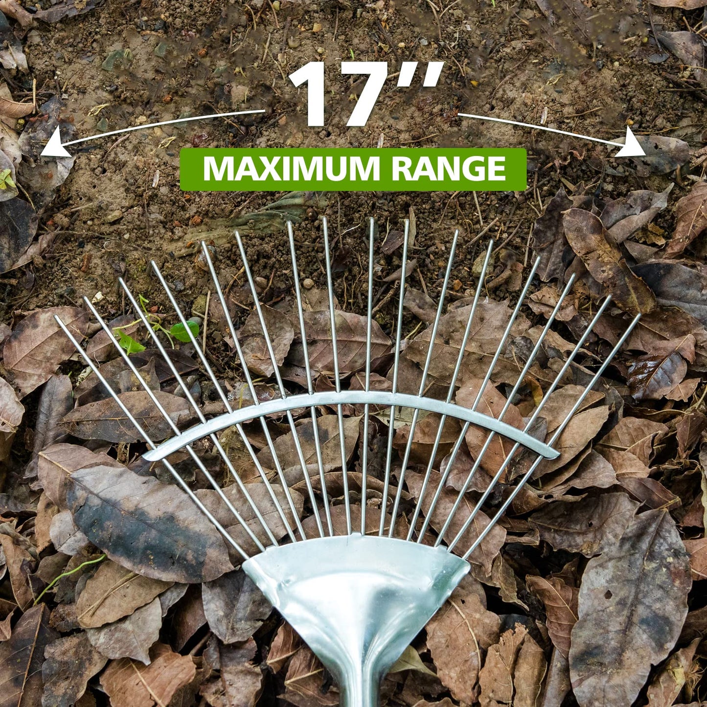 67" Long Handle Leaf Rake, Berry&Bird 16 Tines Garden Rake for Leaves, Heavy Duty Stainless Steel Shrub Rake, 17" Wide Leaves Rake with Wooden Handle for Garden, Lawn, Yard, Flowers Beds, Roof, Bushes