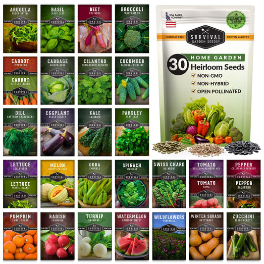 Survival Garden Seeds Home Garden Collection - 30 Pack with 18,500+ Non-GMO Heirloom Vegetable, Fruits, Herb Seed Varieties for Planting - Plant & Grow Survival Food & Emergency Preparedness Gear