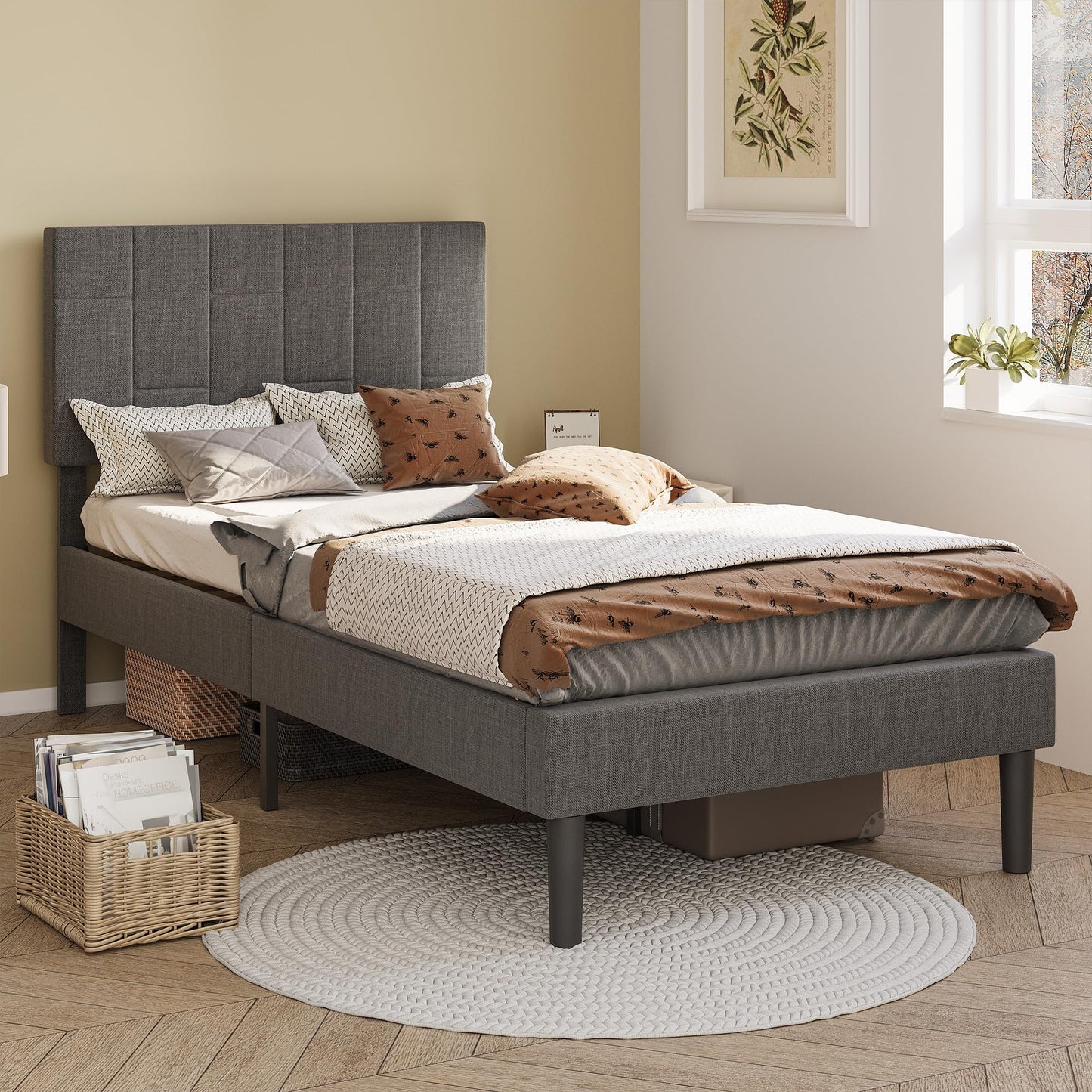 LIKIMIO Twin XL Bed Frame with Headboard, Modern Upholstered Platform Bed with Headboard and Wood Slat Support, Noise-Free, No Box Spring Required, Grey