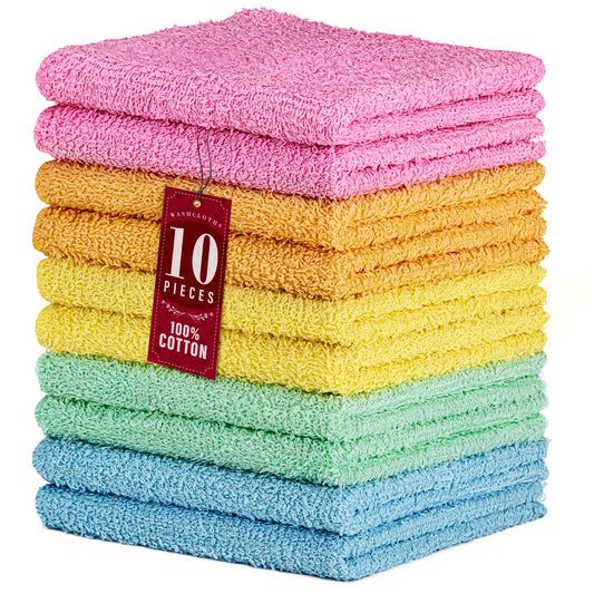 DecorRack 10 Pack 100% Cotton Wash Cloth, Luxurious Soft, 12 x 12 inch Ultra Absorbent, Machine Washable Washcloths, Assorted Colors (10 Pack)