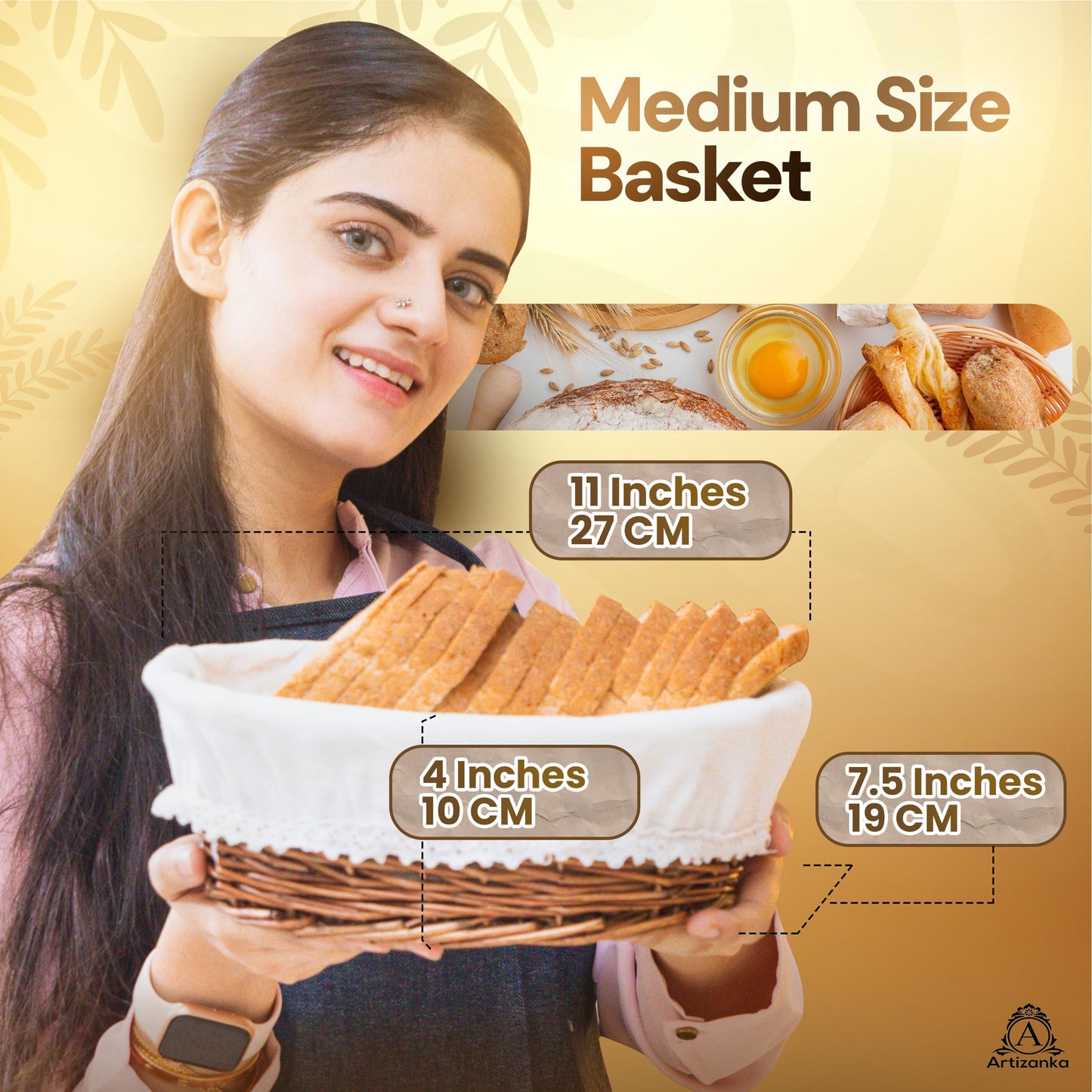 Medium Handmade Wicker Bread Basket for Serving Set – 11 inch Sourdough Bread and Pastries Basket with Removable Liner and Cover Bread Storage Container and Fruit Basket