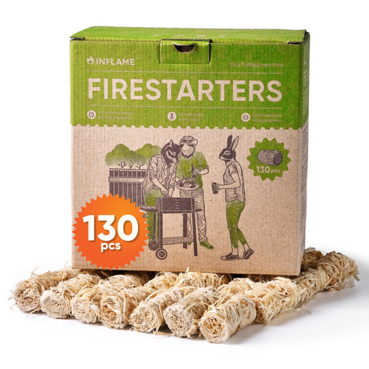 Inflame Fire Starters 130 pcs Fire Starters for Campfires, Grill, BBQ, Fireplace, Woodstove - Charcoal Starter - Waterproof, Weather-Resistant - Natural Wood Fireplace Starters