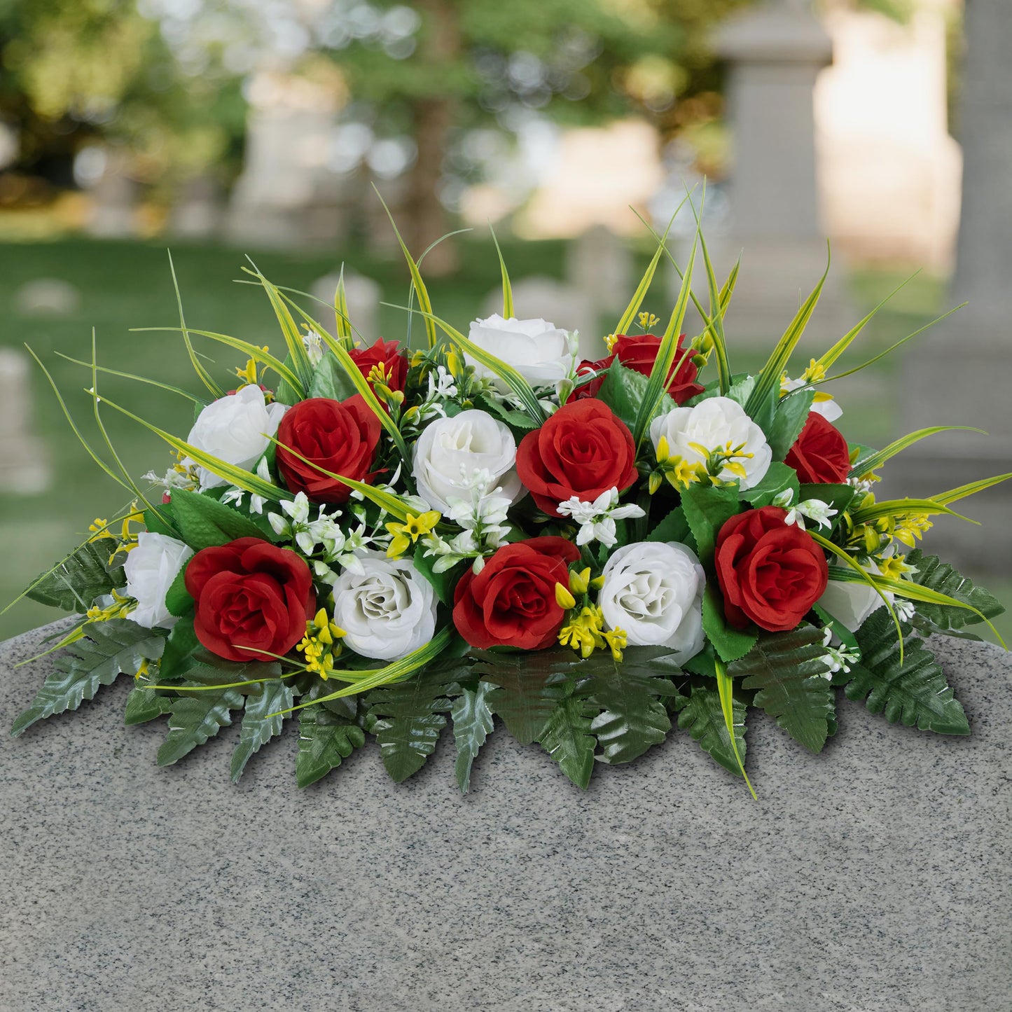 MOOMASS Cemetery Headstone Flower Saddle - Artificial Cemetery Flowers Rose, Grave Decoration，Non-Bleed Colors, and Easy Fit (Red+White, Saddle)