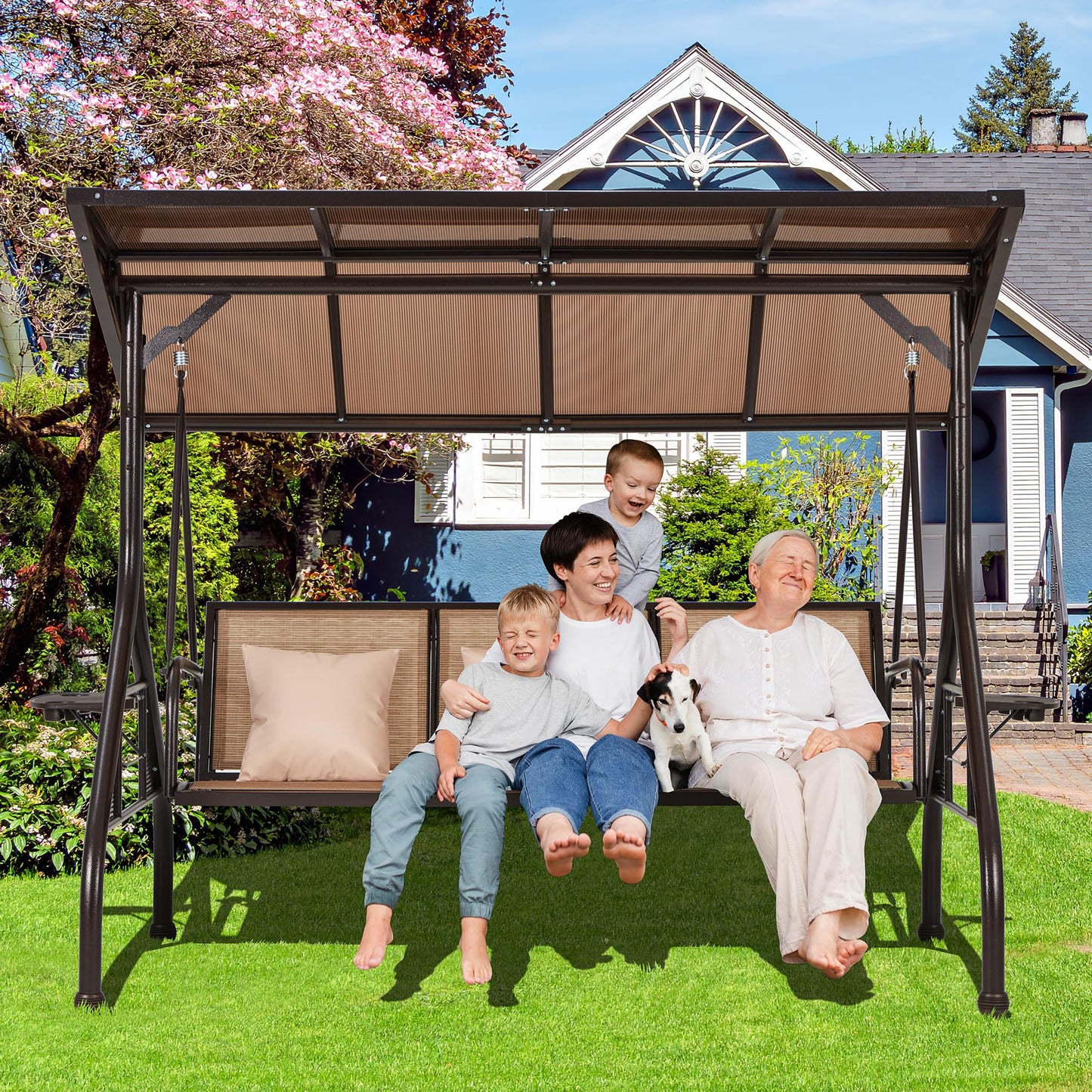 HOMREST Outdoor Porch Swing with Adjustable Hardtop, Backrest, 3-Person Patio Canopy Swing Textilene Bed with Side Cup Holder, Pillow for Garden, Deck, Back Yard, Lawn (Brown)