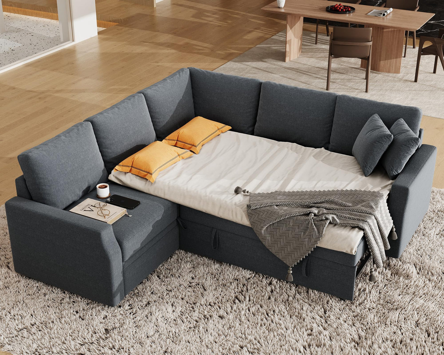 Jocisland Sofa Bed, 85 Inch Sleeper Sofa with Pull Out Bed & Storage Seat, Oversized L Shape Sectional Sofa for Living Room Apartment, Grey Linen Reversible Couch