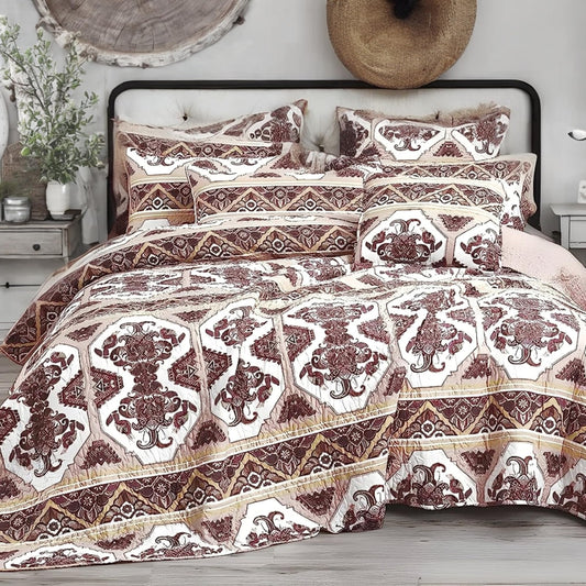 DaDa Bedding Baroque Quilted Bedspread Set - 3-Piece, Southwestern Paisley Reversible Comforter, Burgundy & Rose Pink - Full Size