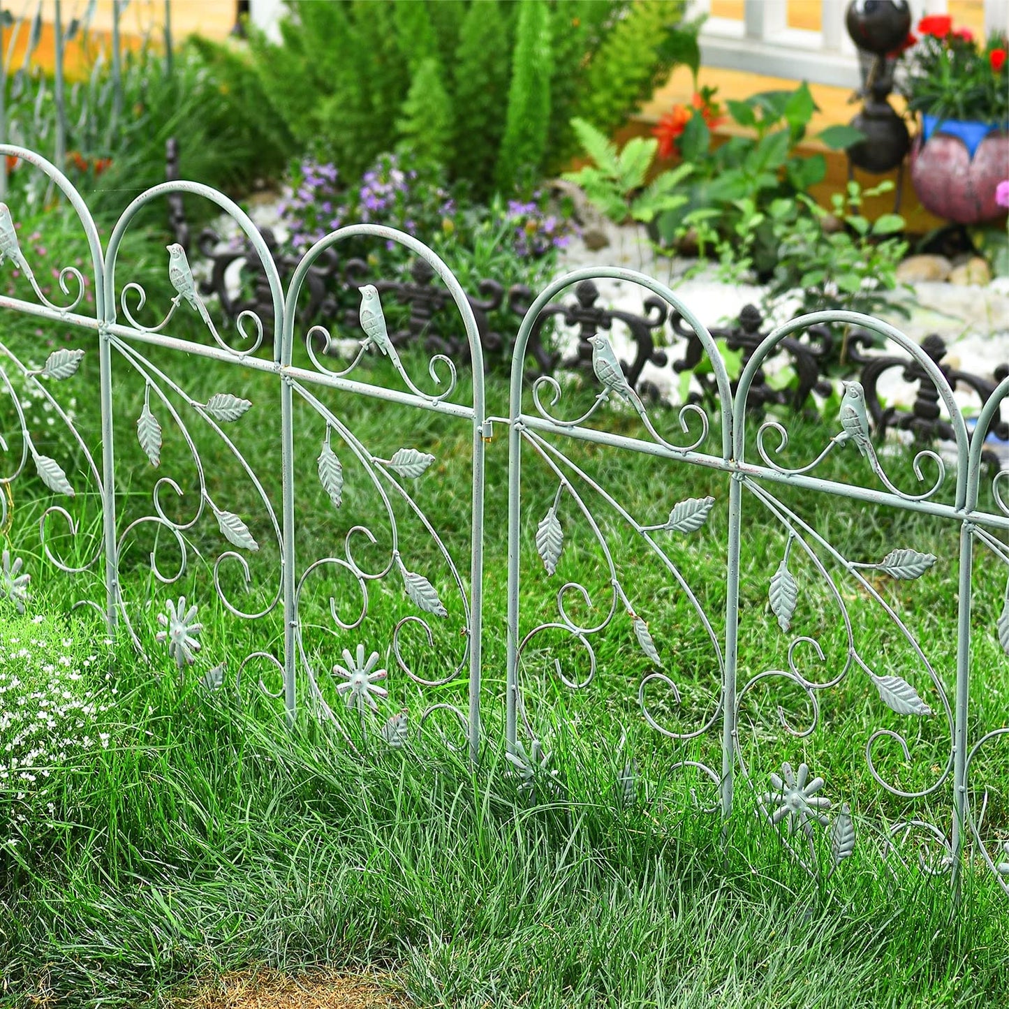 Sungmor 25in x 8ft Metal Garden Fence Border, Rustic Style Decorative Garden Fence Animal Barrier, Landscape Pathway Edge Iron Picket Fence Panels, Plant Support Climbing Trellis, Pack of 4