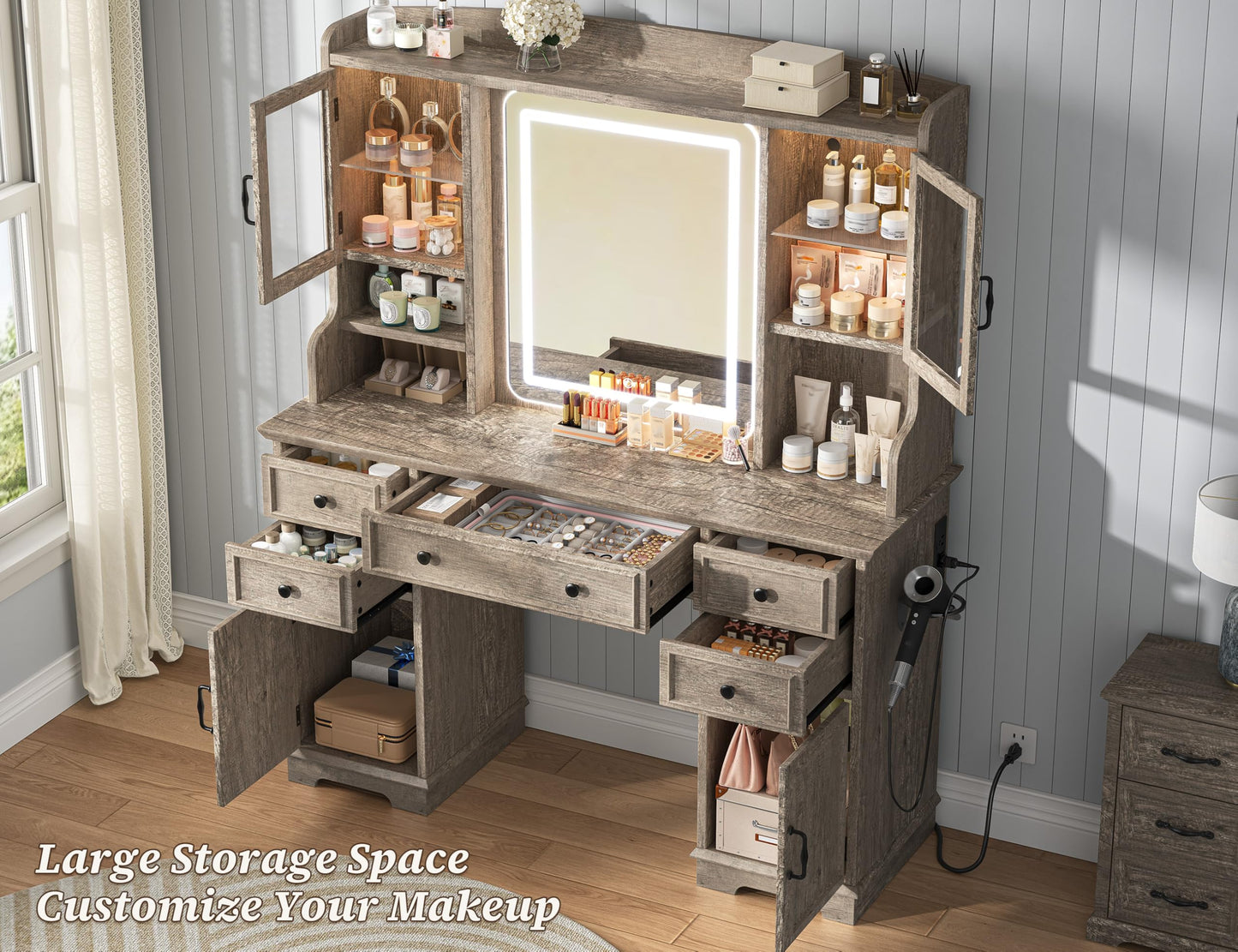 EnHomee Vanity Desk with Mirror and Lights, Large Makeup Table Set with RGB Cabinets, 5 Drawers and 6 Storage Shelves Dressing Table for Bedroom Dressing Room, Light Oak