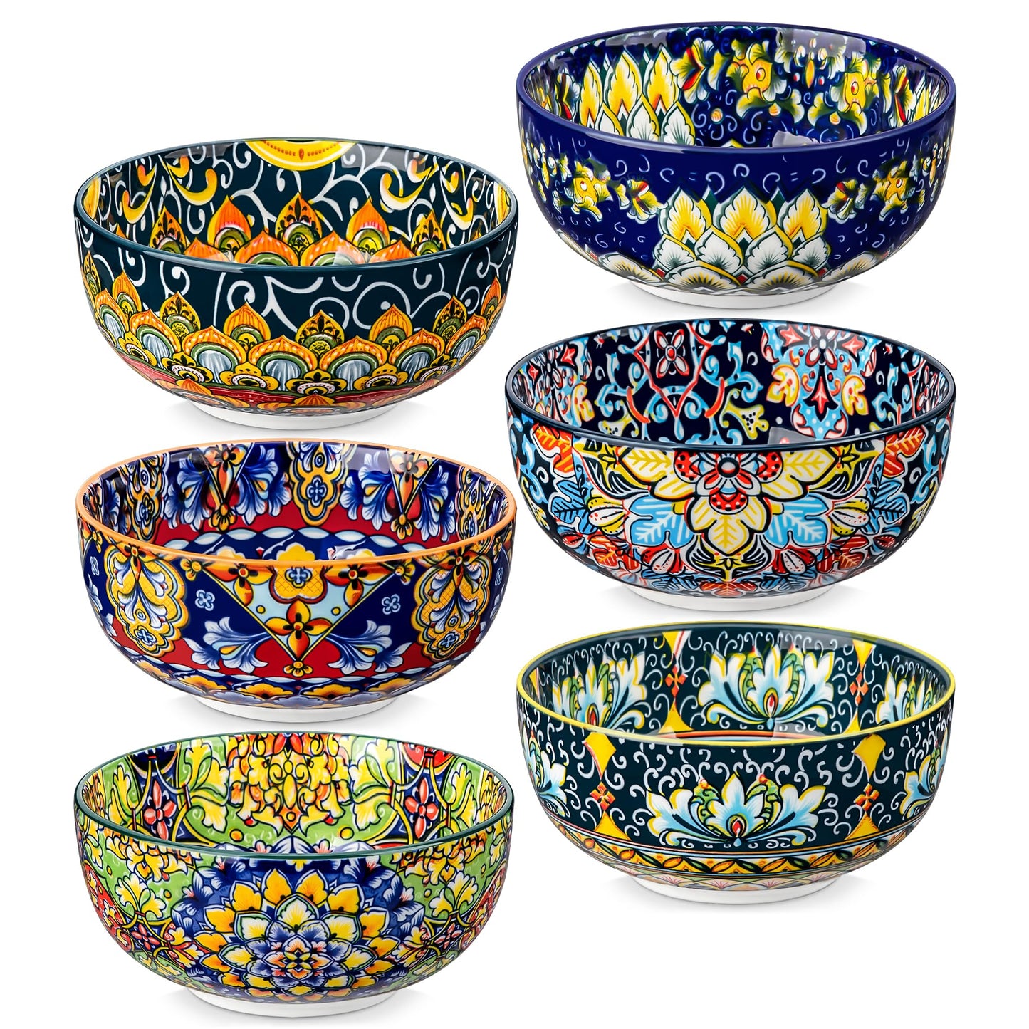 vancasso Cereal Bowls Set of 6, Bohemian Ceramic Soup Bowls, 28 oz Colorful Bowls Set for Kitchen, Dishwasher & Microwave Safe for Salad, Pasta, Rice, Oatmeal, Fruit