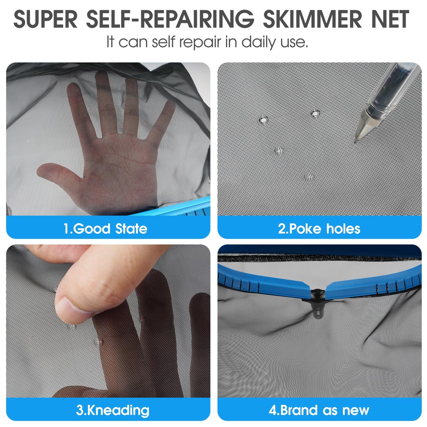 Upgraded Self-Repair Pool Net, Pool & Pond Cleaning Skimmer with Heavy Duty Nylon Net - Fine Mesh, Aluminum Frame, Deep Trash Bag for Above Ground & In-ground Pools, Leaf Skimmer Rake Net(No Pole)