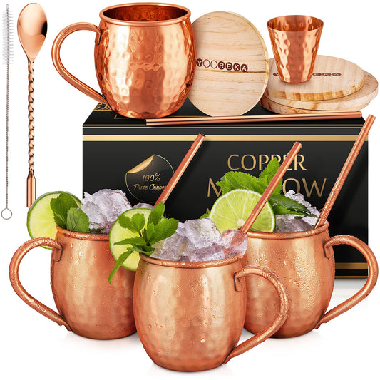 Yooreka Gift Set Moscow Mule Mugs Set Of 4 16 oz Solid Cooper, 100% Pure Copper Cups HANDCRAFTED, BONUS 4 Straws, 4 Wood Coasters, Stirring Spoon, Shot Glass and Cleaning brush (Oval)