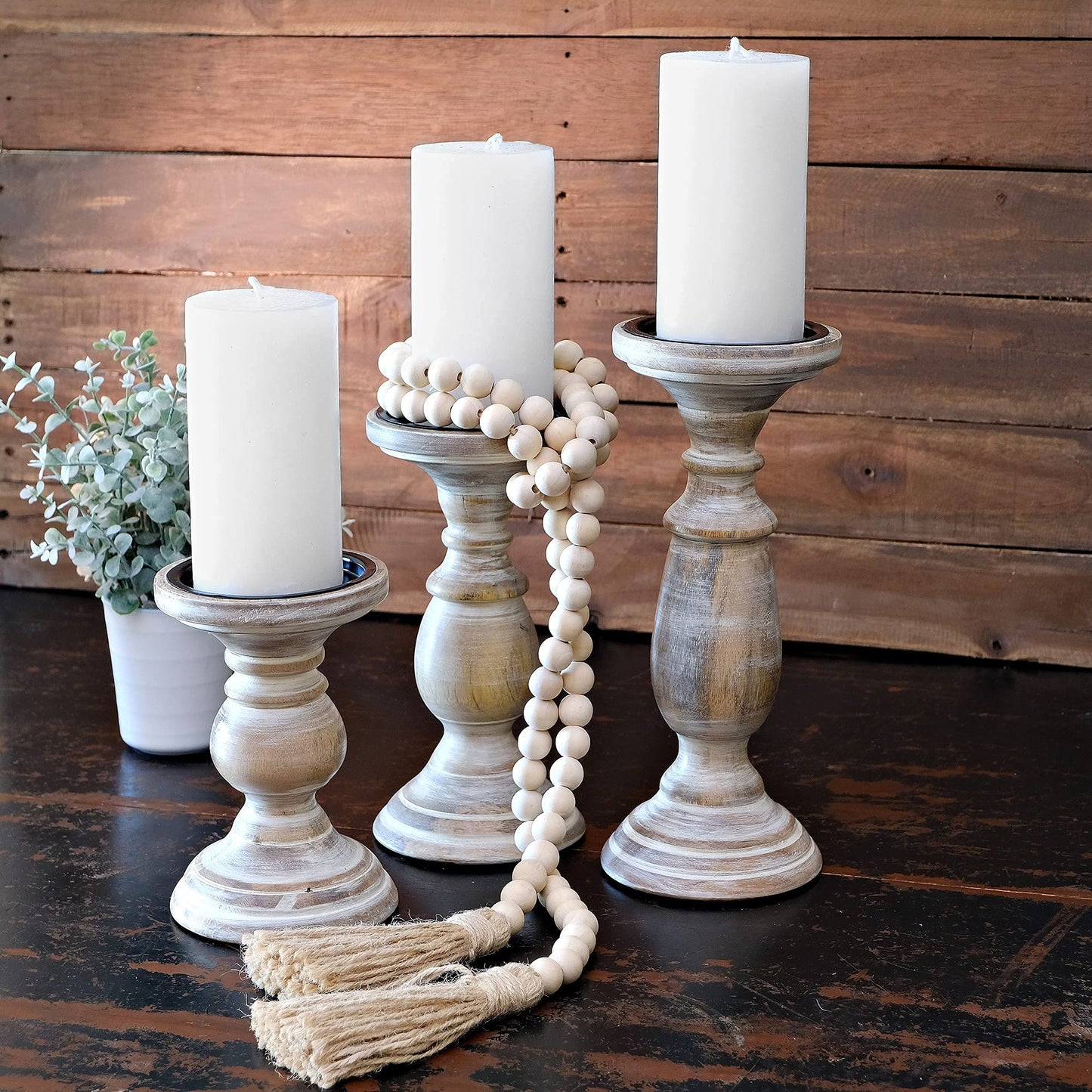 Candle Holders for Pillar Candles, Wooden Table Centerpiece, Set of 3, Wood Candle Holders, Rustic Pillar Candle Holder, Farmhouse Candle Holders Fireplace White